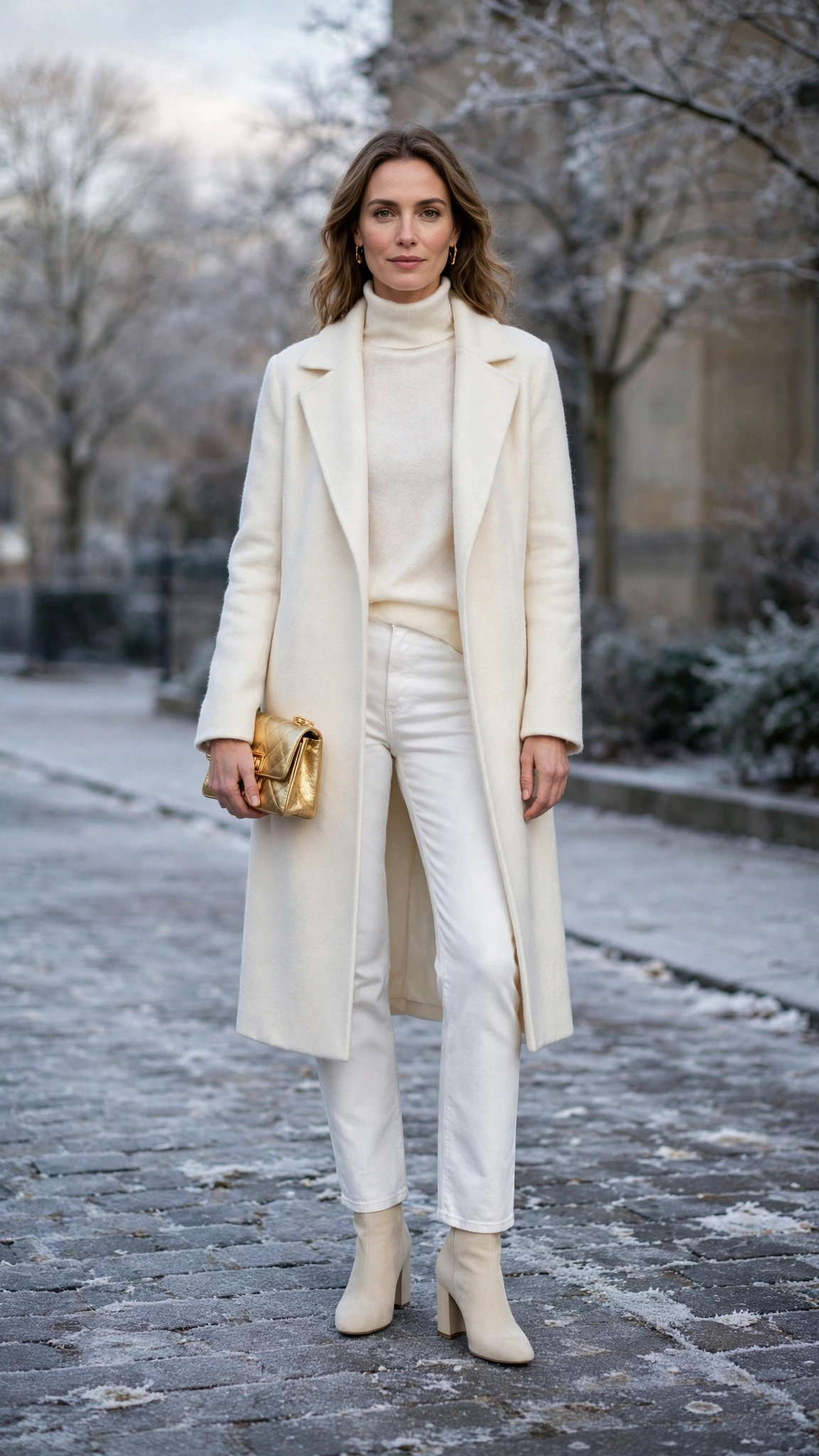 Ivory Layering Outfit with a Coat with White Jeans and Cream Block-heel Boots