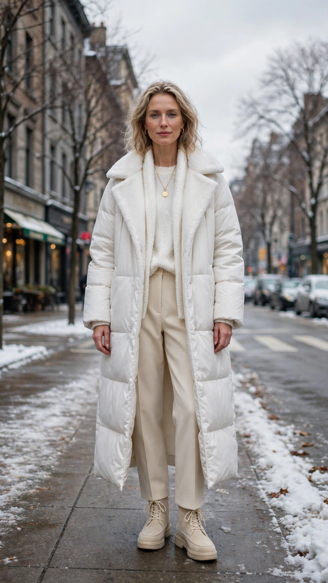 Soft White Layered Outfit with a Long Coat with Cream Trousers and Cream Boots