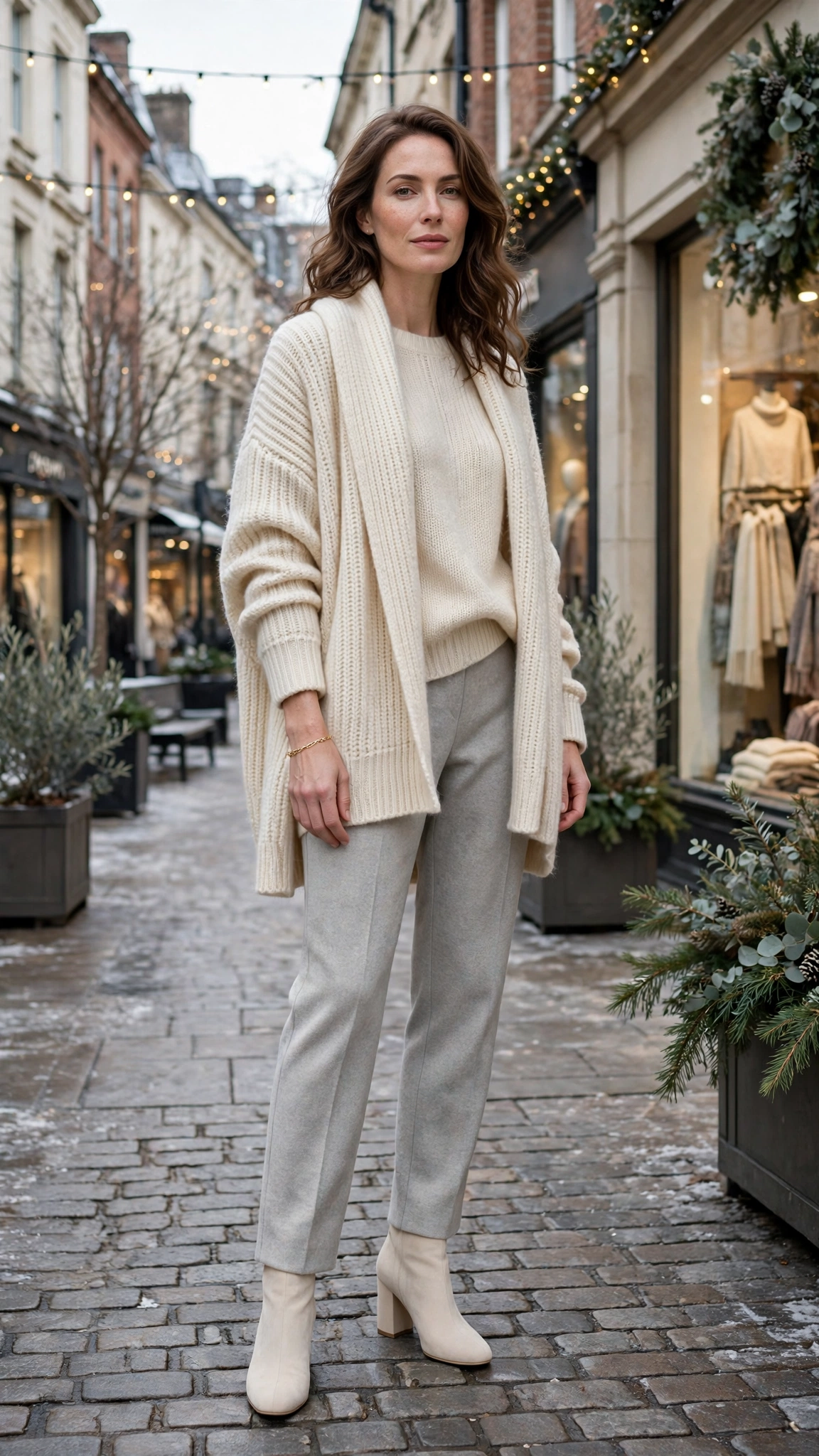 Cream Layered Knit Outfit with Light Grey Trousers and Cream Block-heel Boots