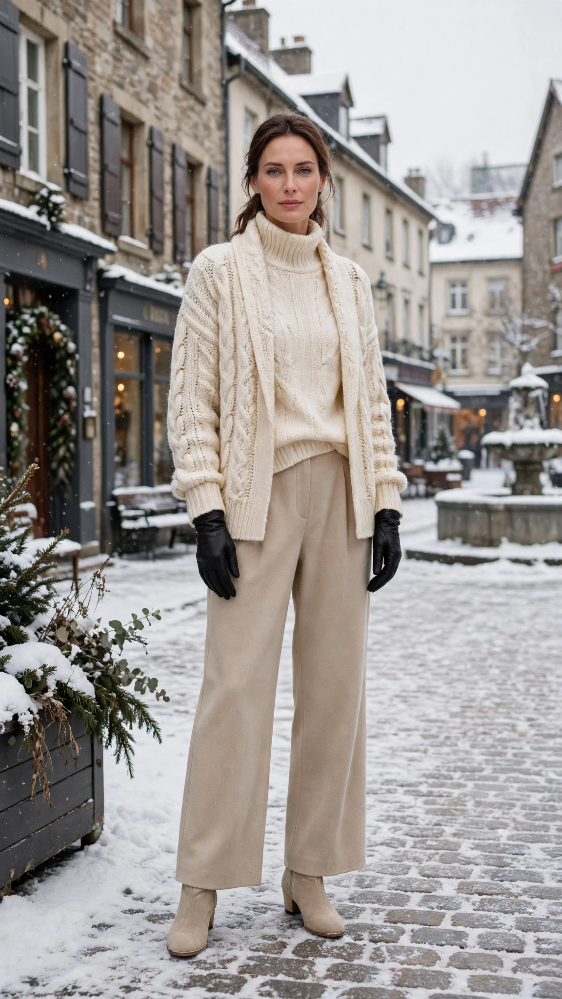 Cream Layered Knit Outfit with Beige Wide-leg Trousers and Beige Ankle Boots