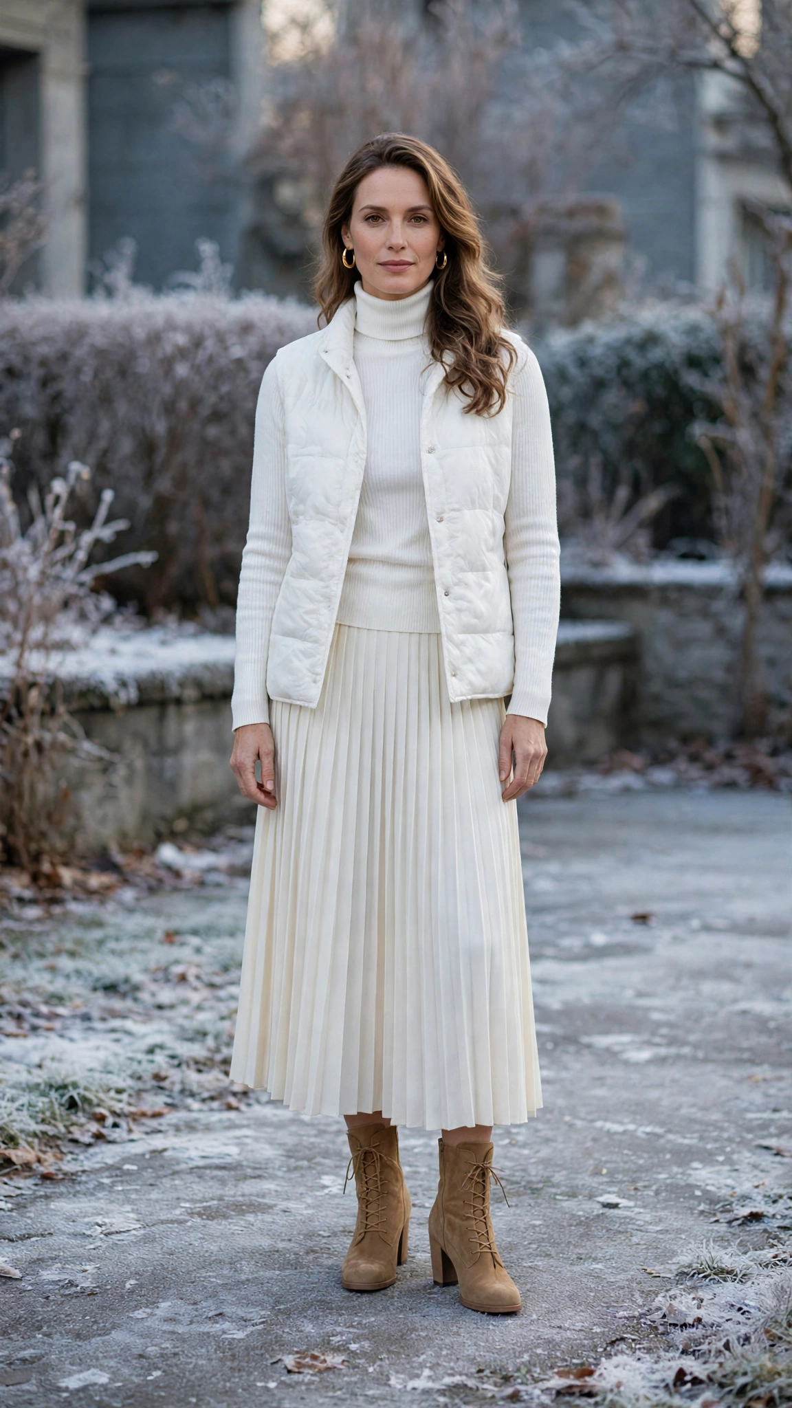 White Turtleneck Layering Outfit with an Ivory Skirt and Tan Boots