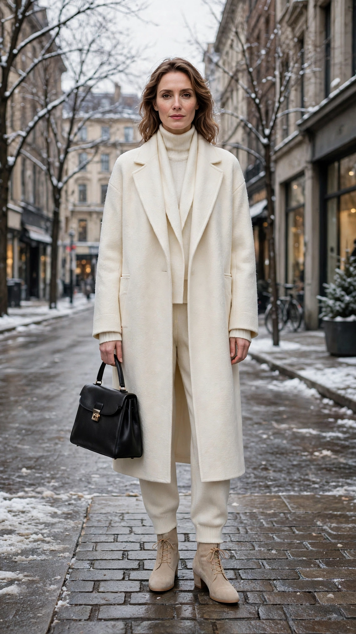 Ivory Layering Outfit with a Coat with Cream Knit Trousers and Beige Ankle Boots
