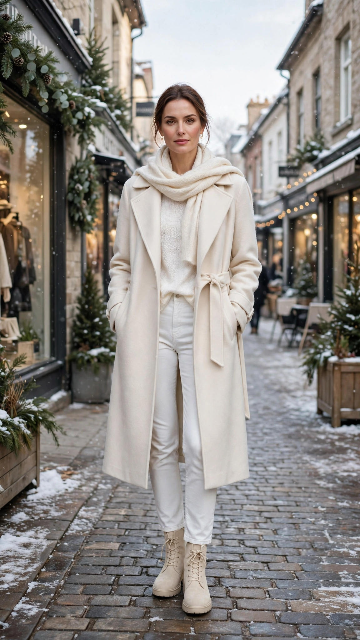 Soft White Layered Outfit with a Long Coat with White Jeans and Cream Boots