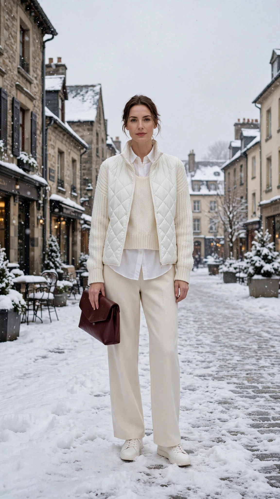 White-on-white Layered Outfit with Cream Trousers and White Sneakers