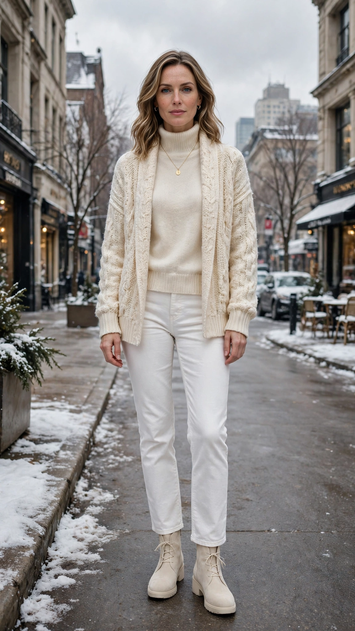 Cream Layered Knit Outfit with White Jeans and Cream Boots