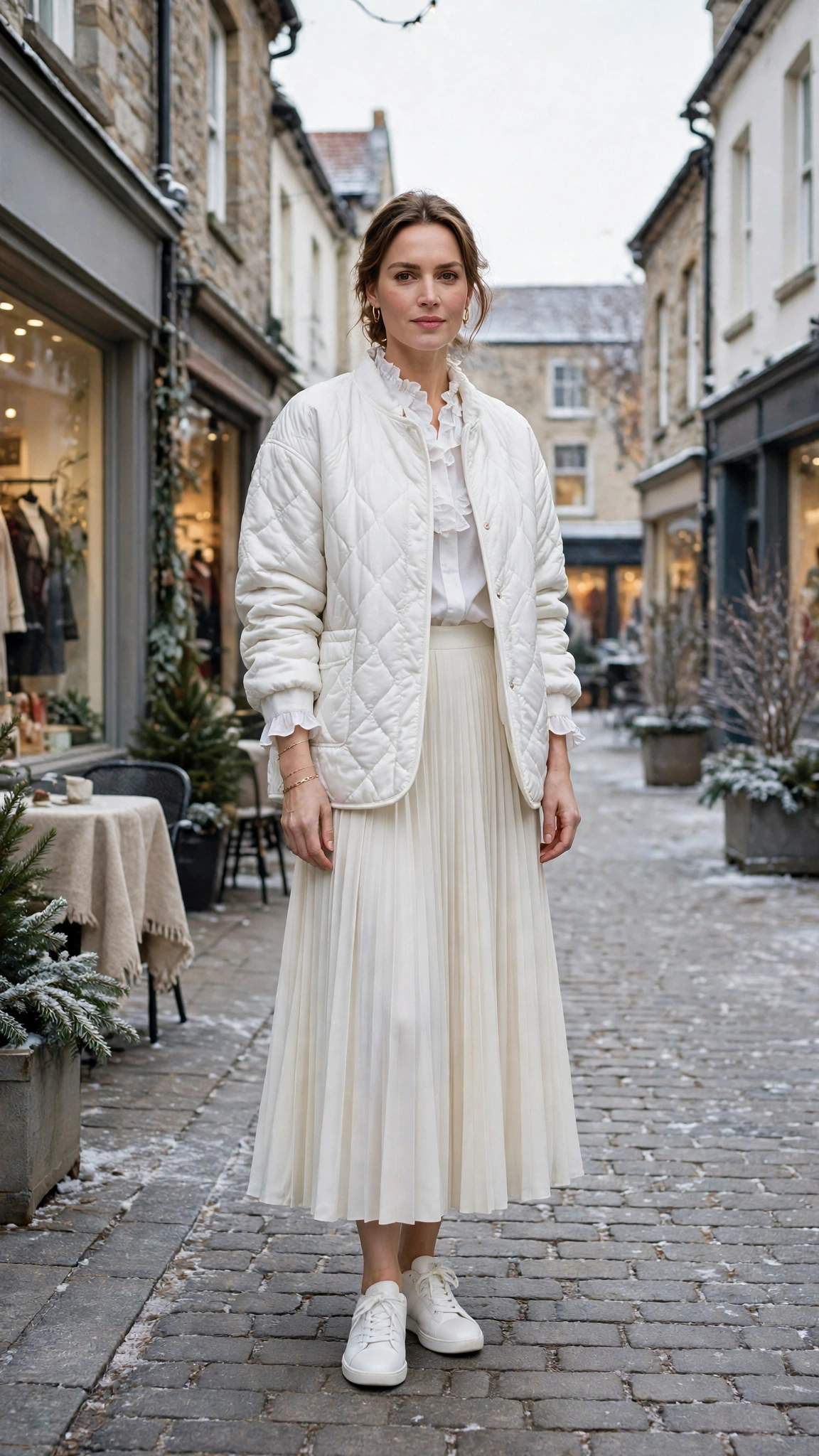 White-on-white Layered Outfit with an Ivory Skirt and White Sneakers