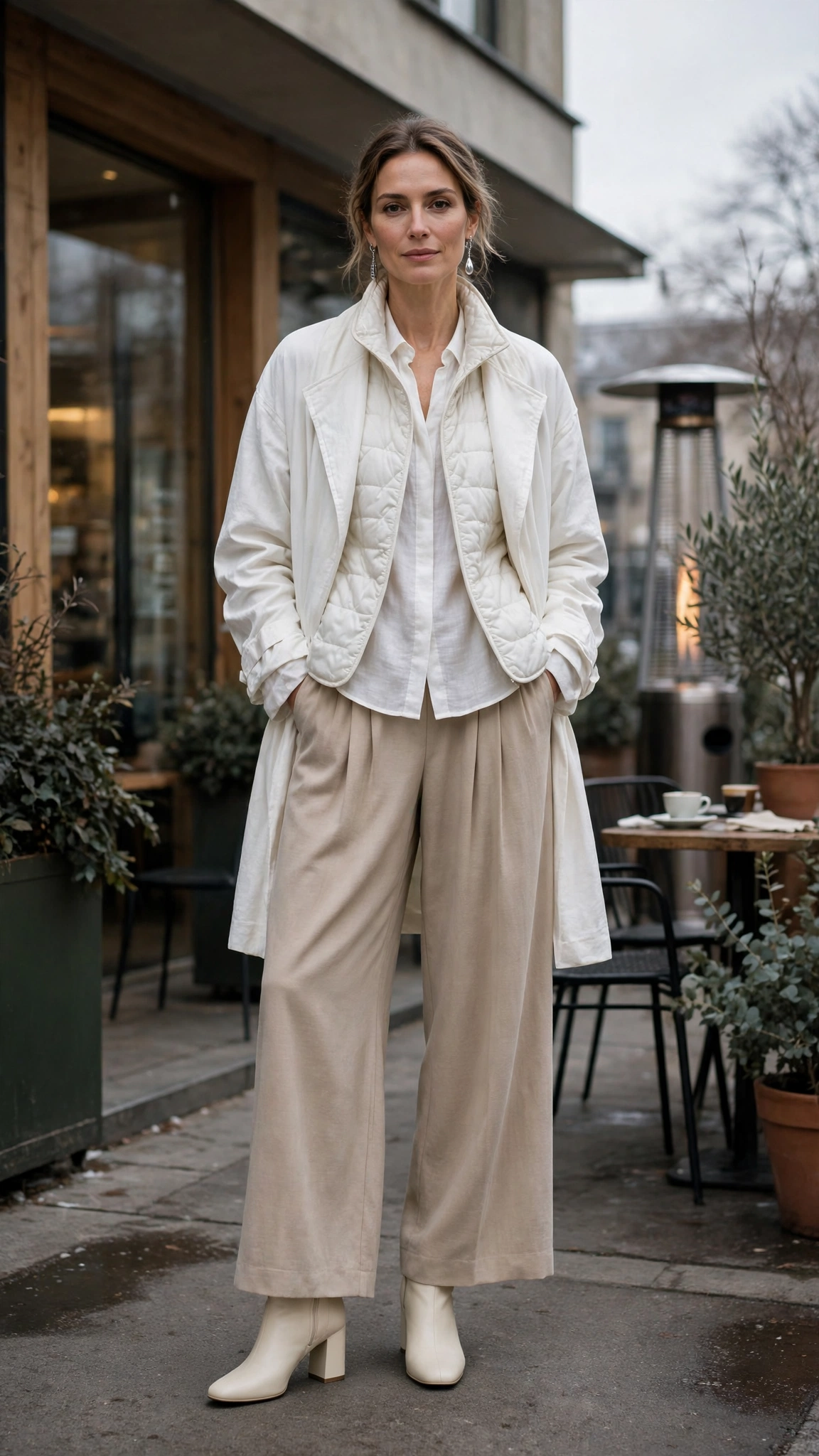 White-on-white Layered Outfit with Beige Wide-leg Trousers and Cream Block-heel Boots