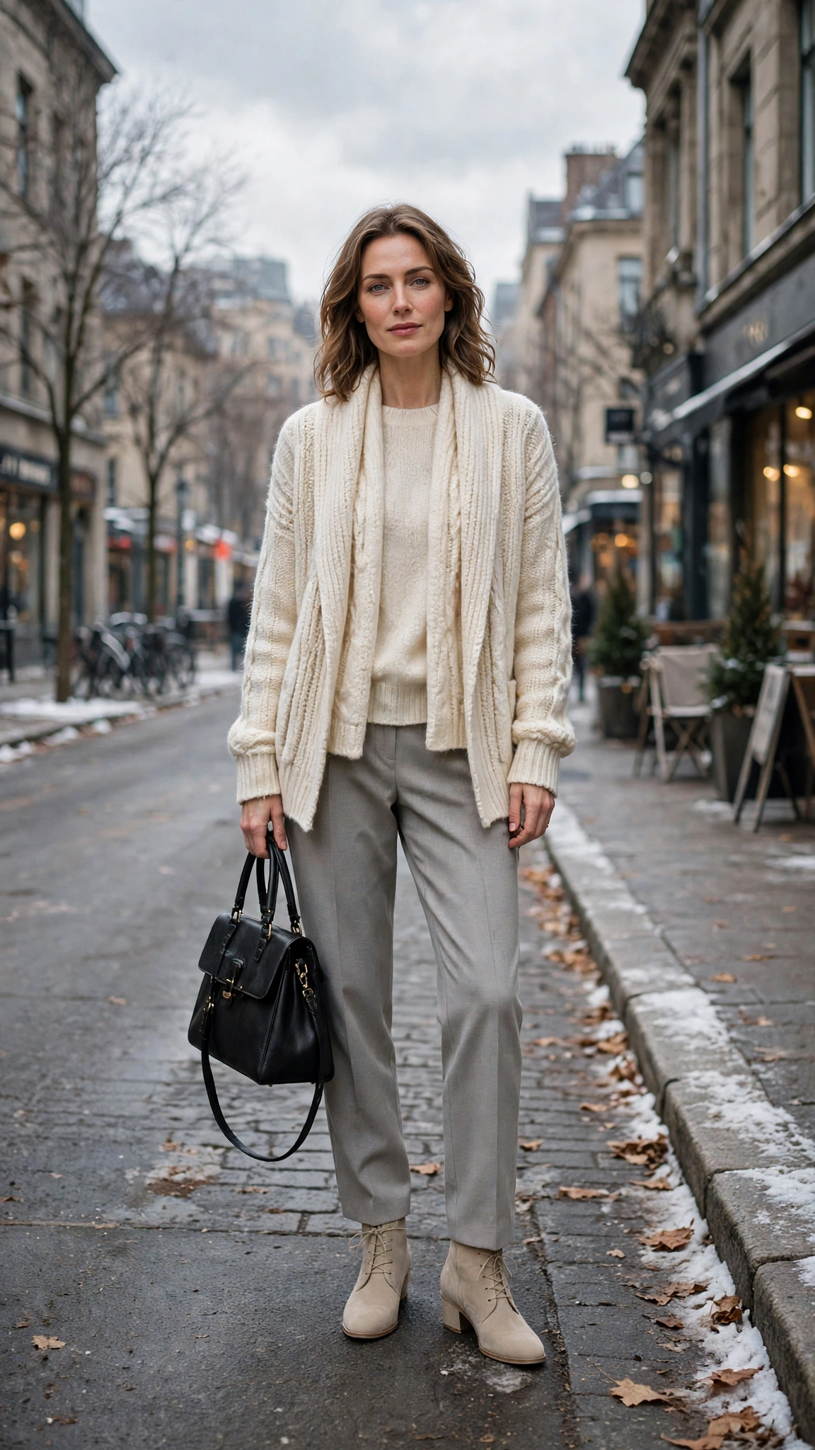 Cream Layered Knit Outfit with Light Grey Trousers and Beige Ankle Boots