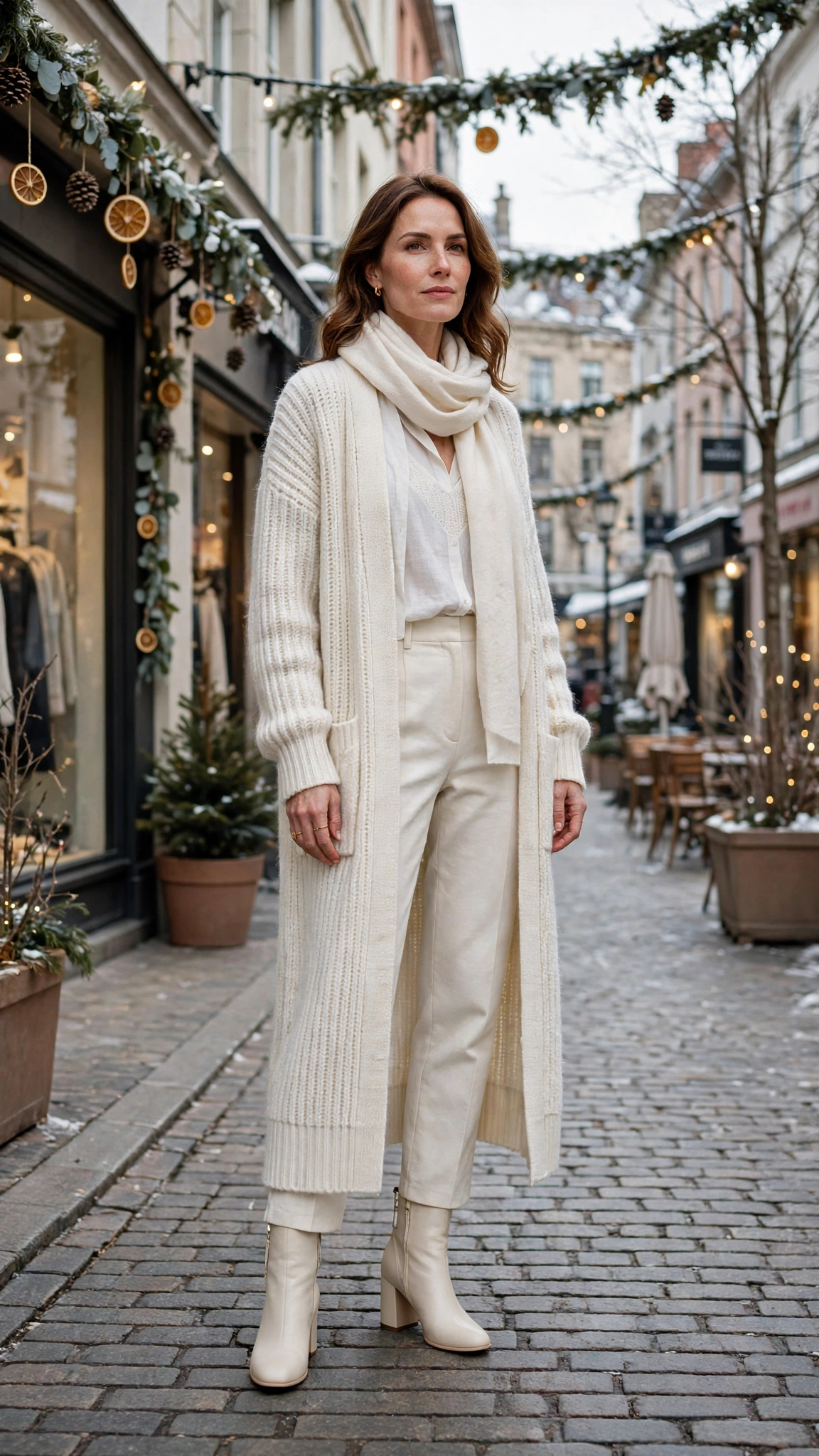 Soft White Layered Outfit with a Long Cardigan with Cream Trousers and Cream Block-heel Boots