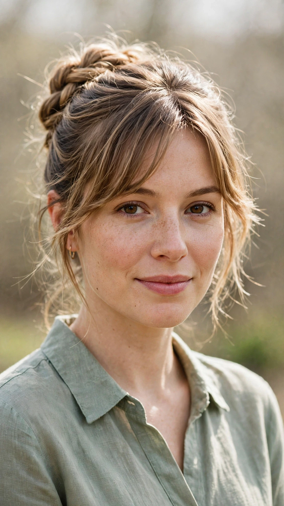 Spring Bun Hairstyles With A Braided Bun For Outdoor Events With Gentle Tousled Texture, A Soft Side-Swept Fringe And A Fresh Salon Shine