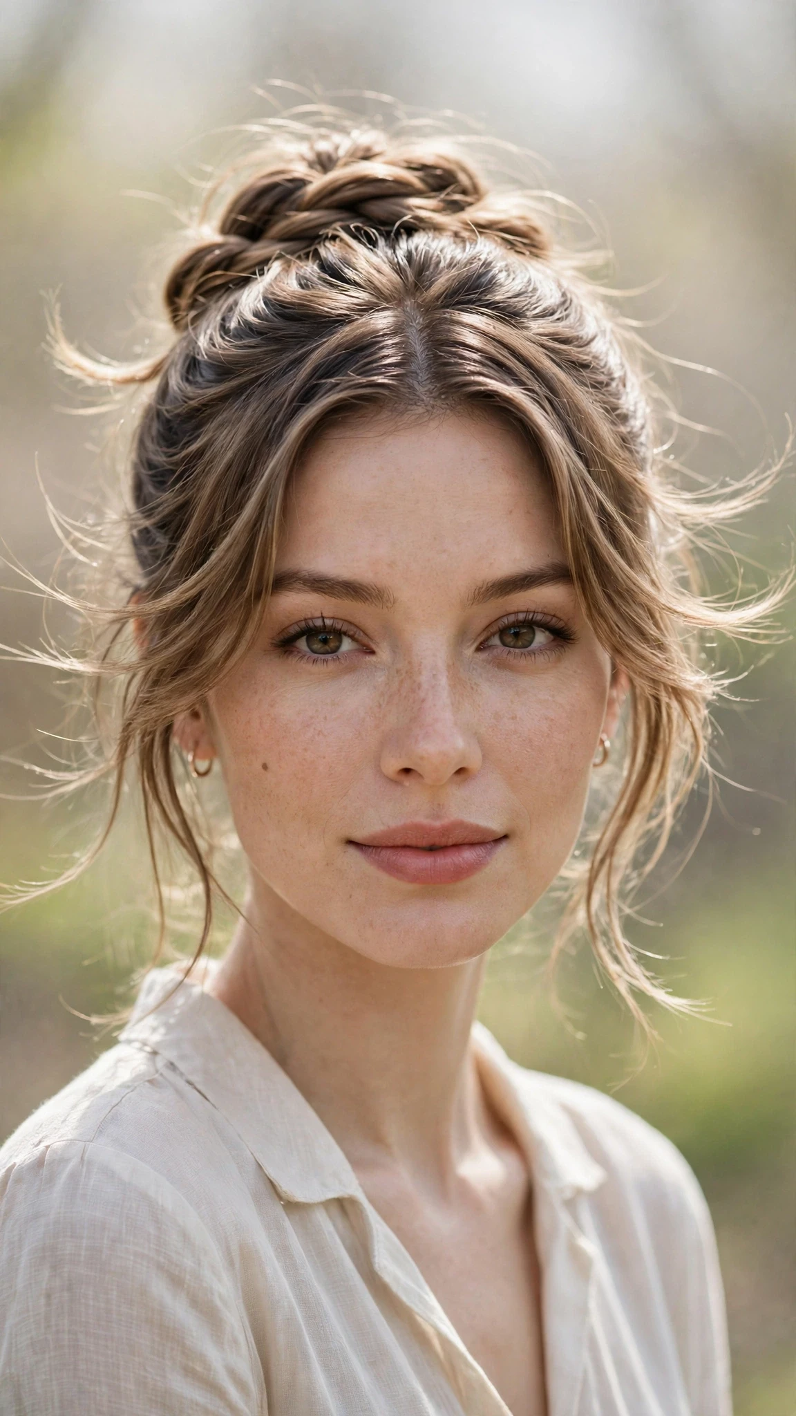 Spring Bun Hairstyles With A Braided Bun For Outdoor Events With Airy Feathered Movement, A Centre Part With Soft Layers And A Glossy Shine Finish