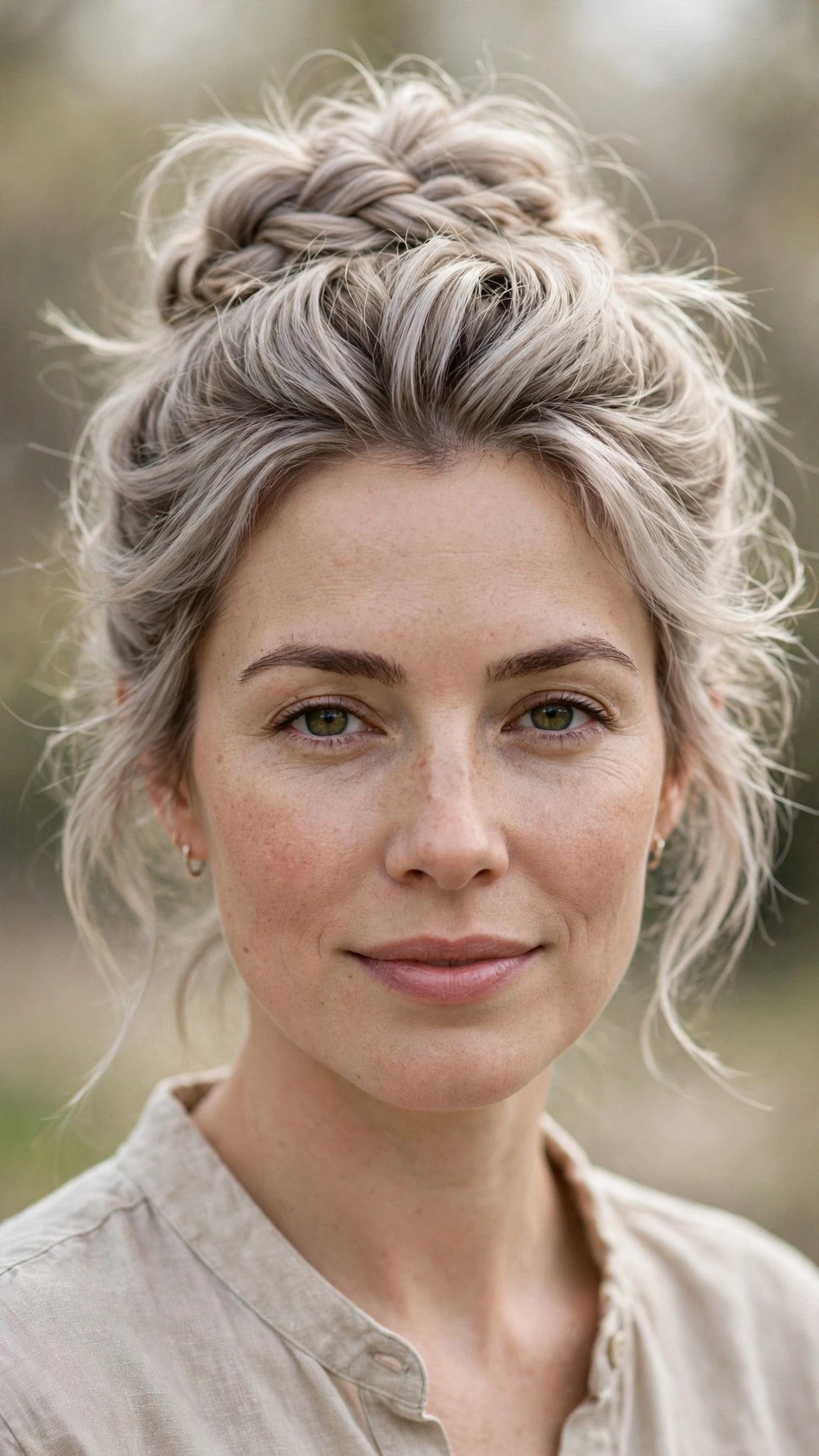 Spring Bun Hairstyles With A Braided Bun For Outdoor Events With Bouncy Volume At The Roots, Feathered Ends And Cool Ash Softness