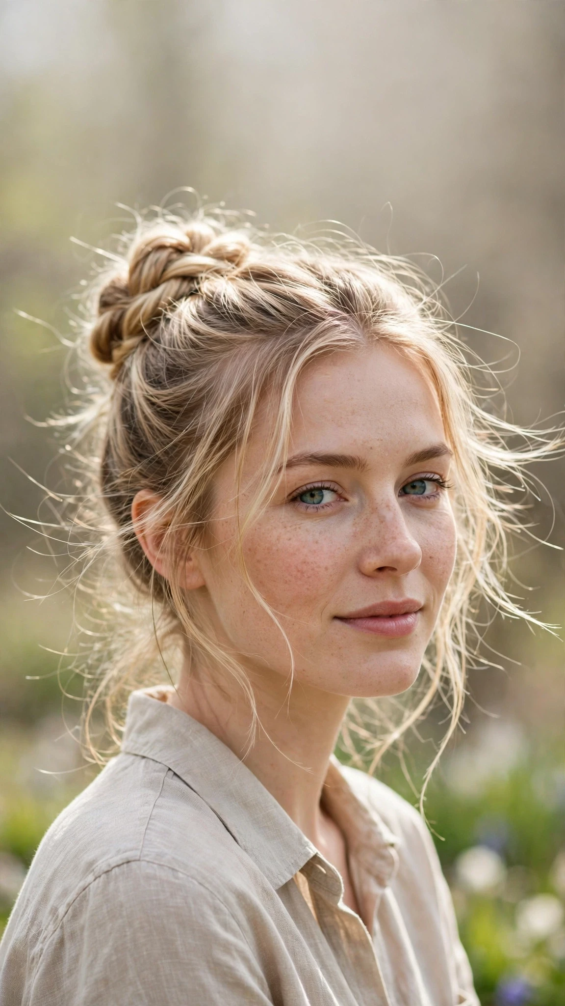 Spring Bun Hairstyles With A Braided Bun For Outdoor Events With Delicate Natural Movement, Wispy Pieces Around The Face And Soft Golden Pieces