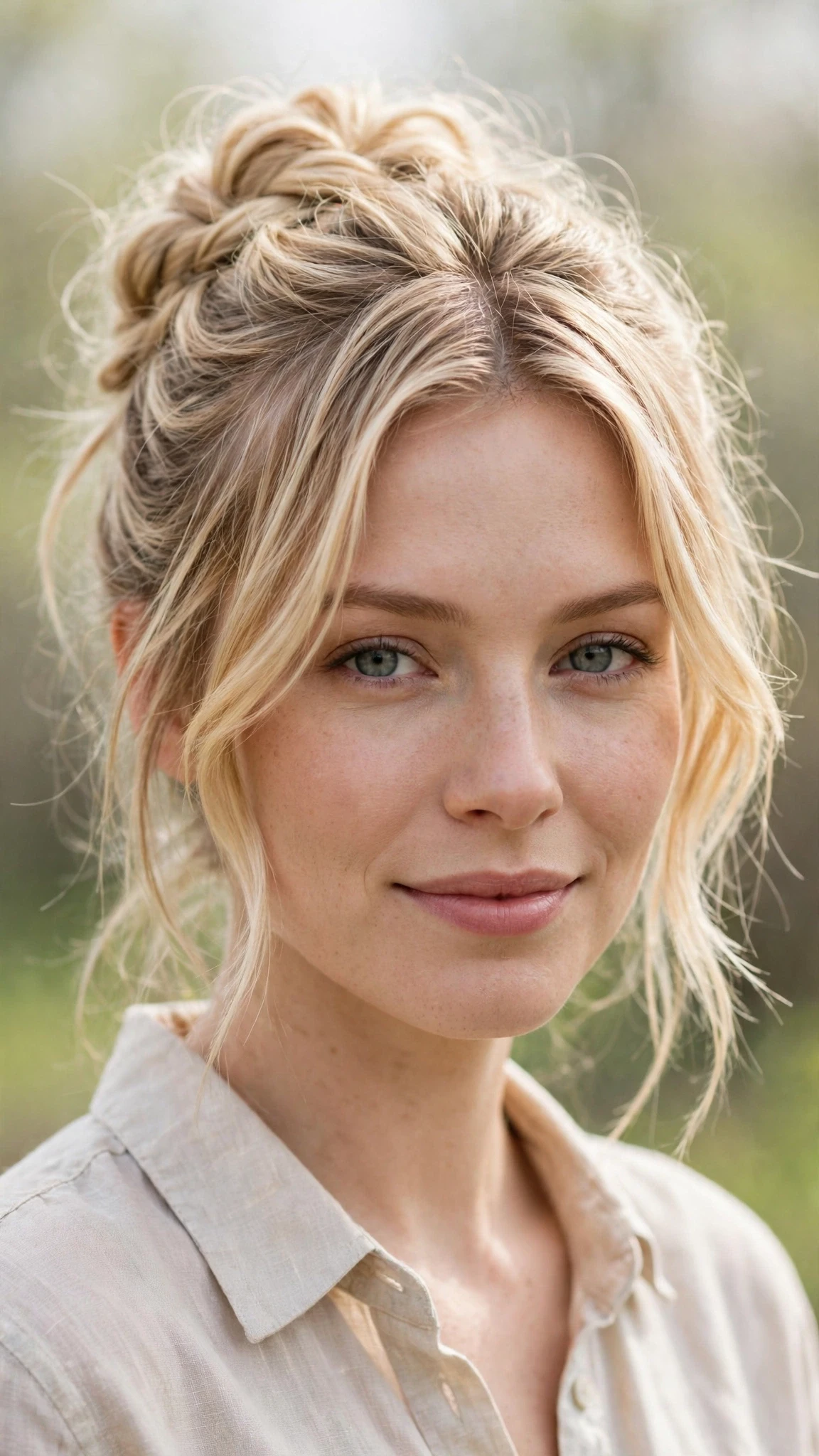 Spring Bun Hairstyles With A Braided Bun For Outdoor Events With Gentle Tousled Texture, Face-Framing Layers And Delicate Blonde Dimension