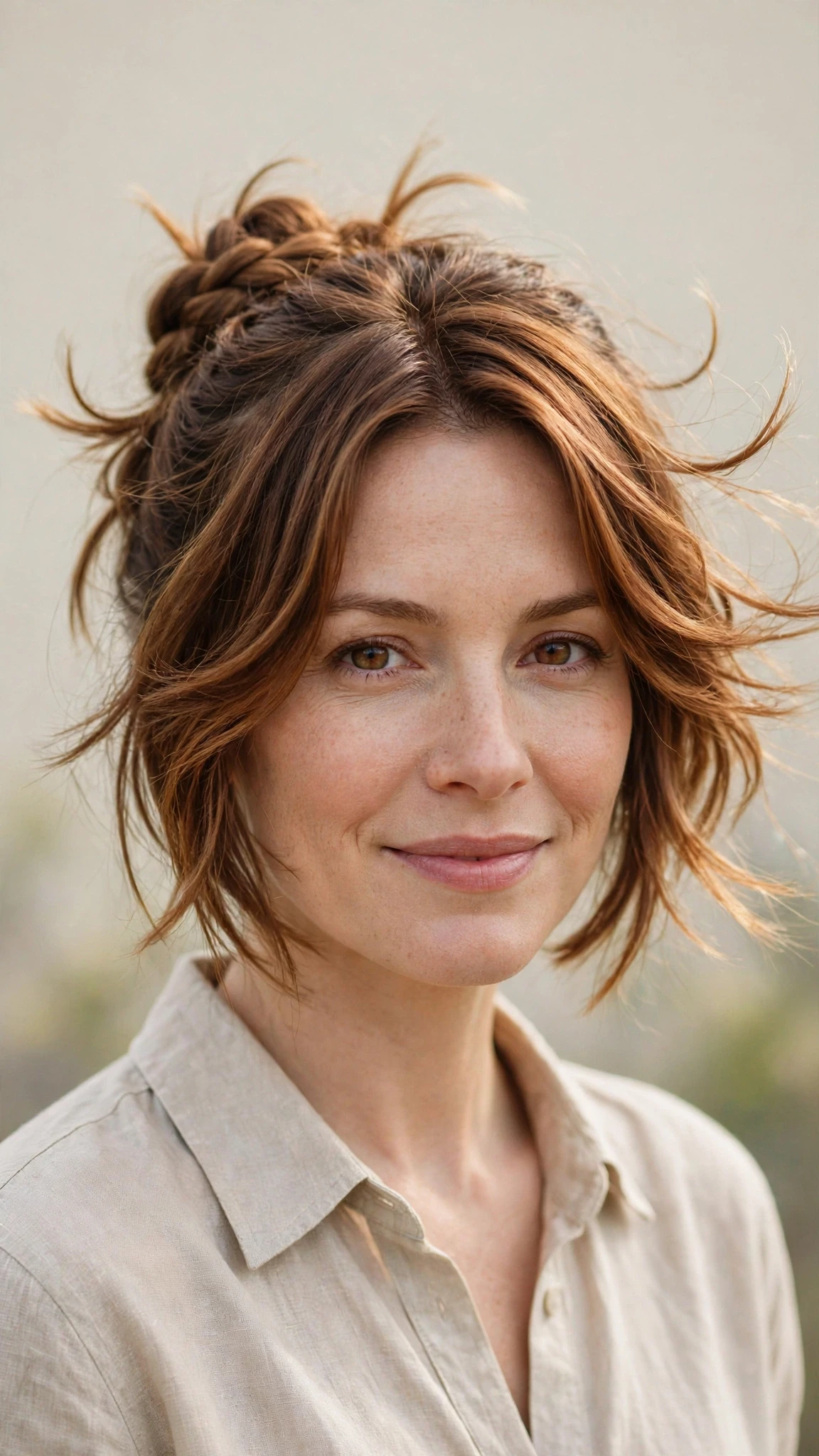 Spring Bun Hairstyles With A Braided Bun For Outdoor Events With Airy Feathered Movement, Blunt Ends With Soft Layers And Warm Chestnut Warmth