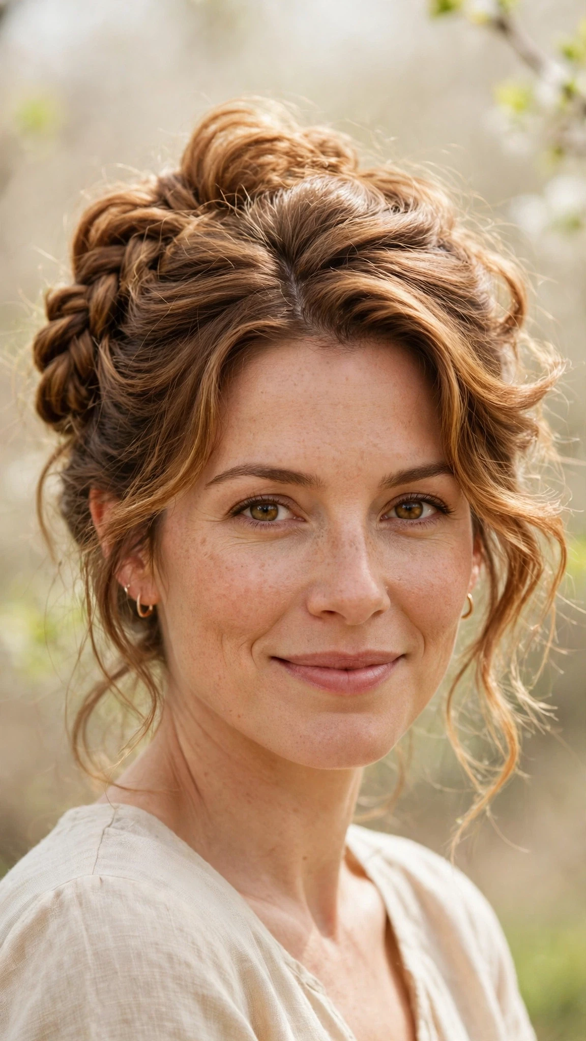 Spring Bun Hairstyles With A Braided Bun For Outdoor Events With Bouncy Volume At The Roots, A Deep Side Part And Warm Caramel Tones