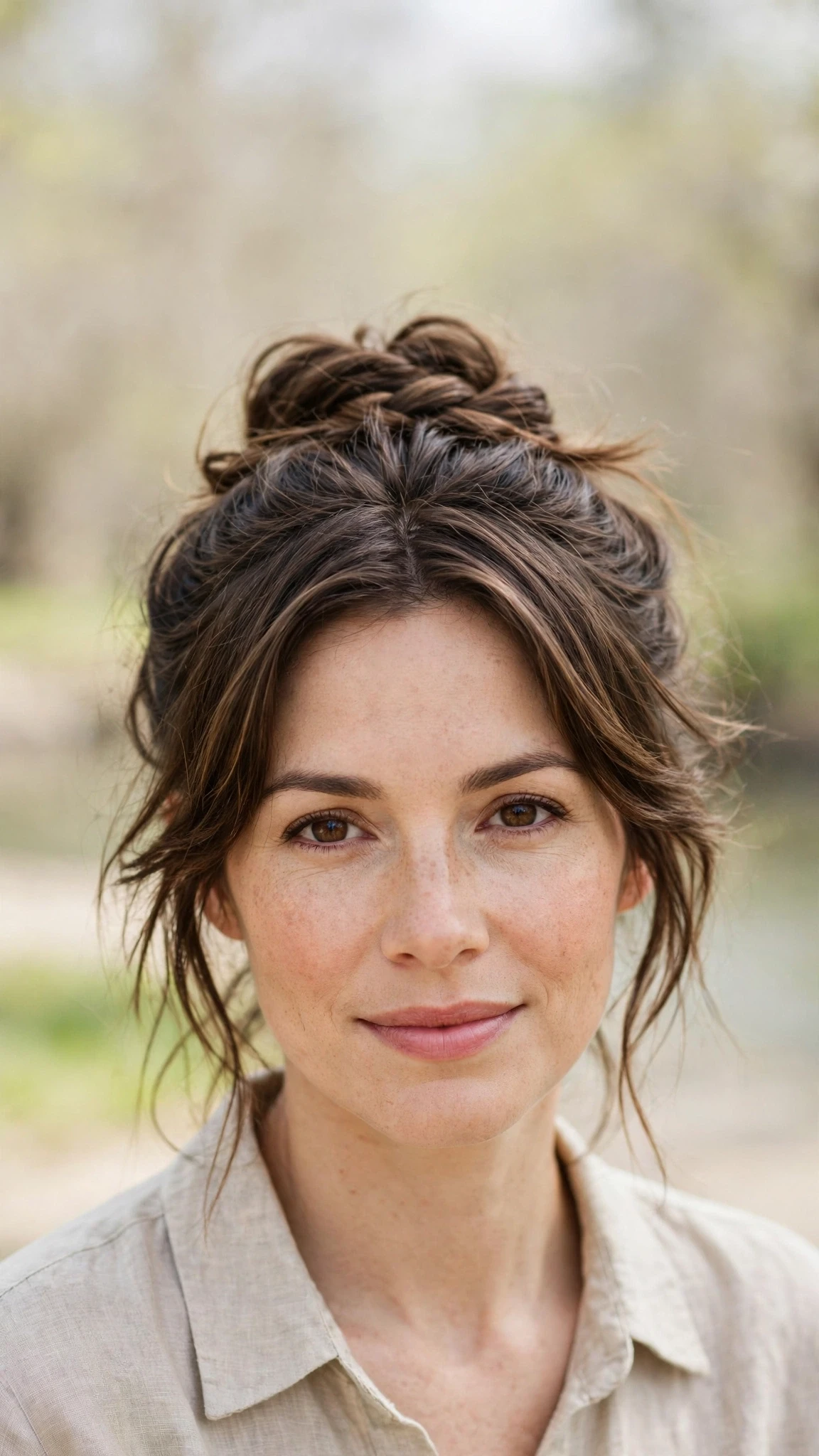 Spring Bun Hairstyles With A Braided Bun For Outdoor Events With Gentle Tousled Texture, Graduated Layers And Natural Brunette Depth
