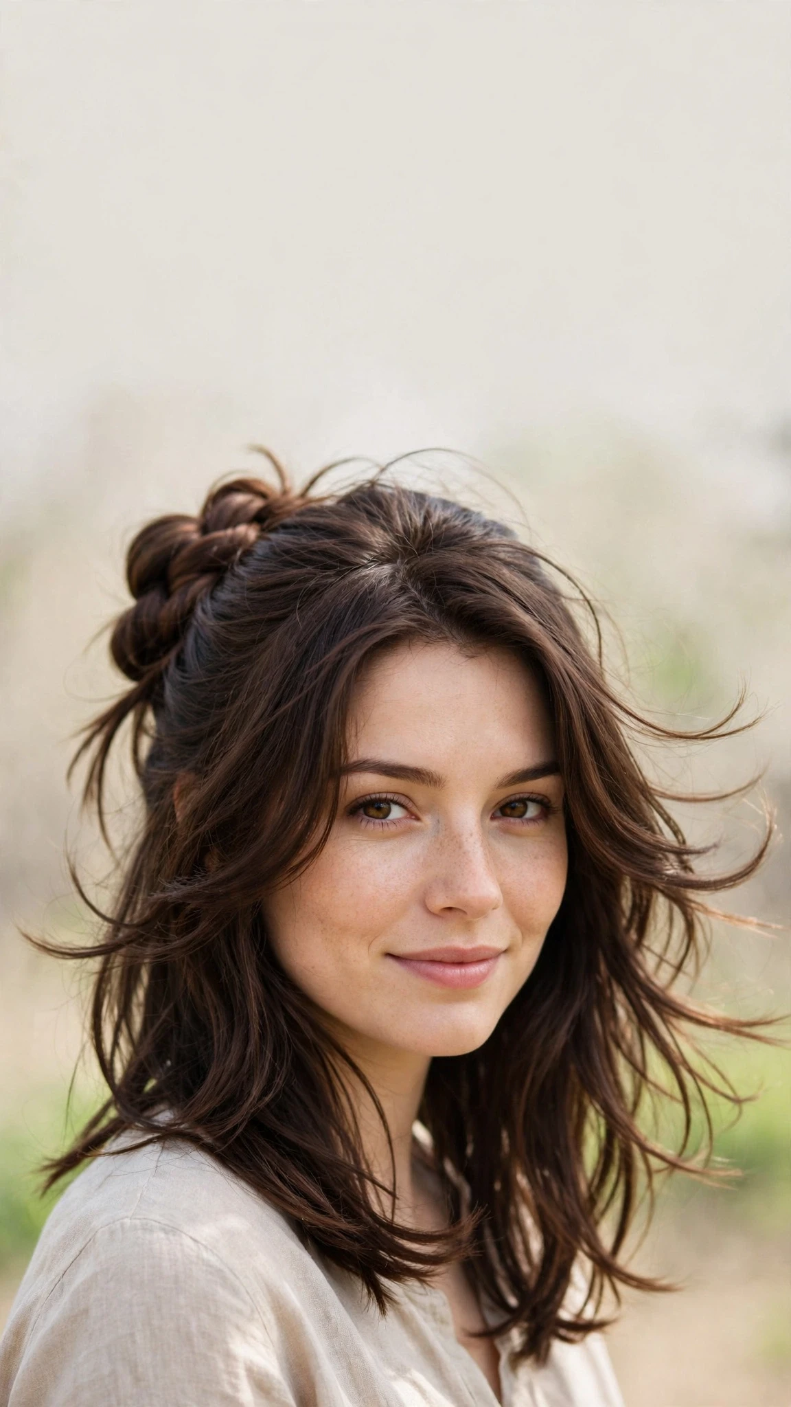 Spring Bun Hairstyles With A Braided Bun For Outdoor Events With Airy Feathered Movement, Long Soft Layers And Rich Chocolate Depth