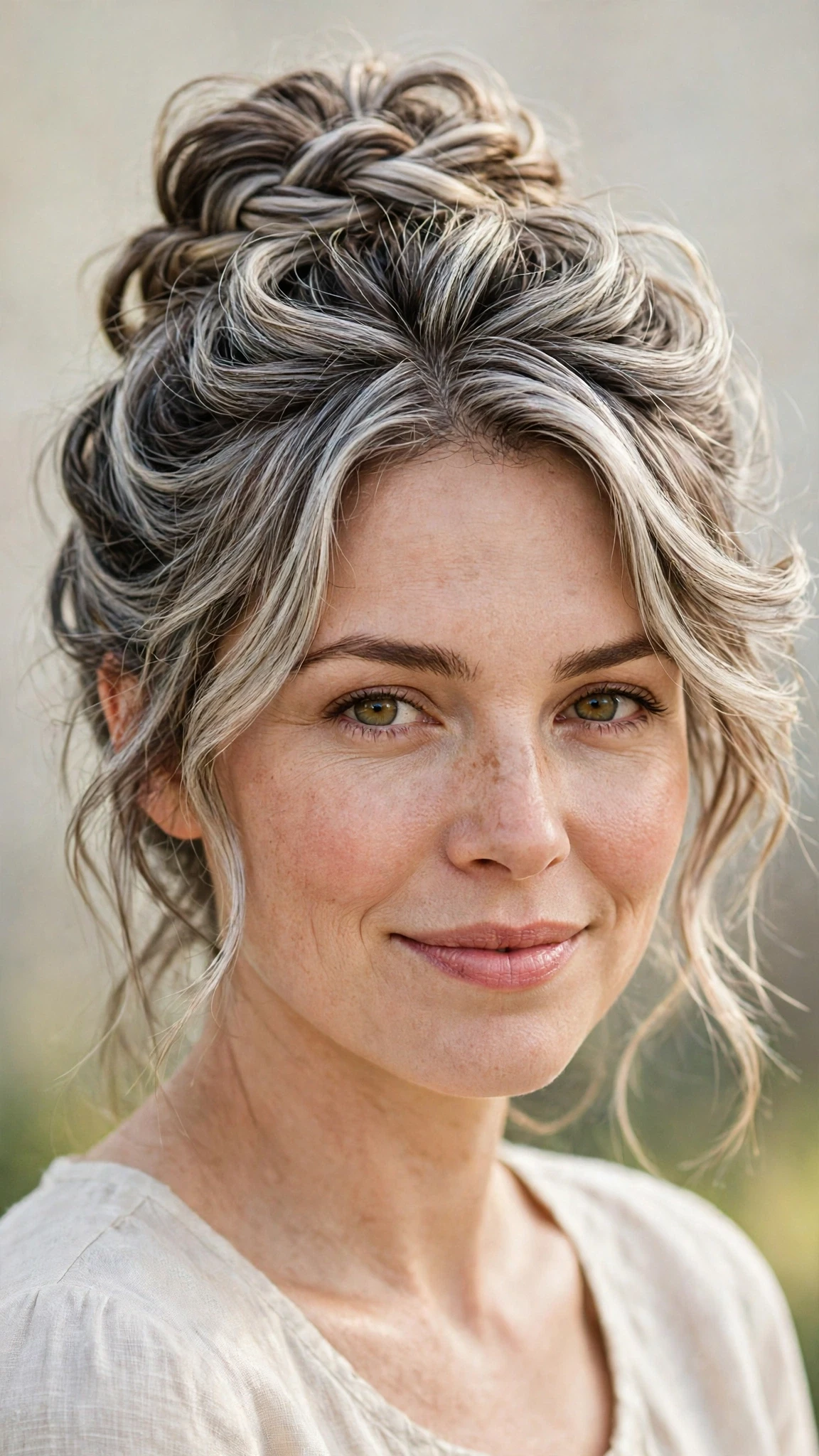 Spring Bun Hairstyles With A Braided Bun For Outdoor Events With Bouncy Volume At The Roots, A Layered Shape That Moves And Silver-Blended Brightness