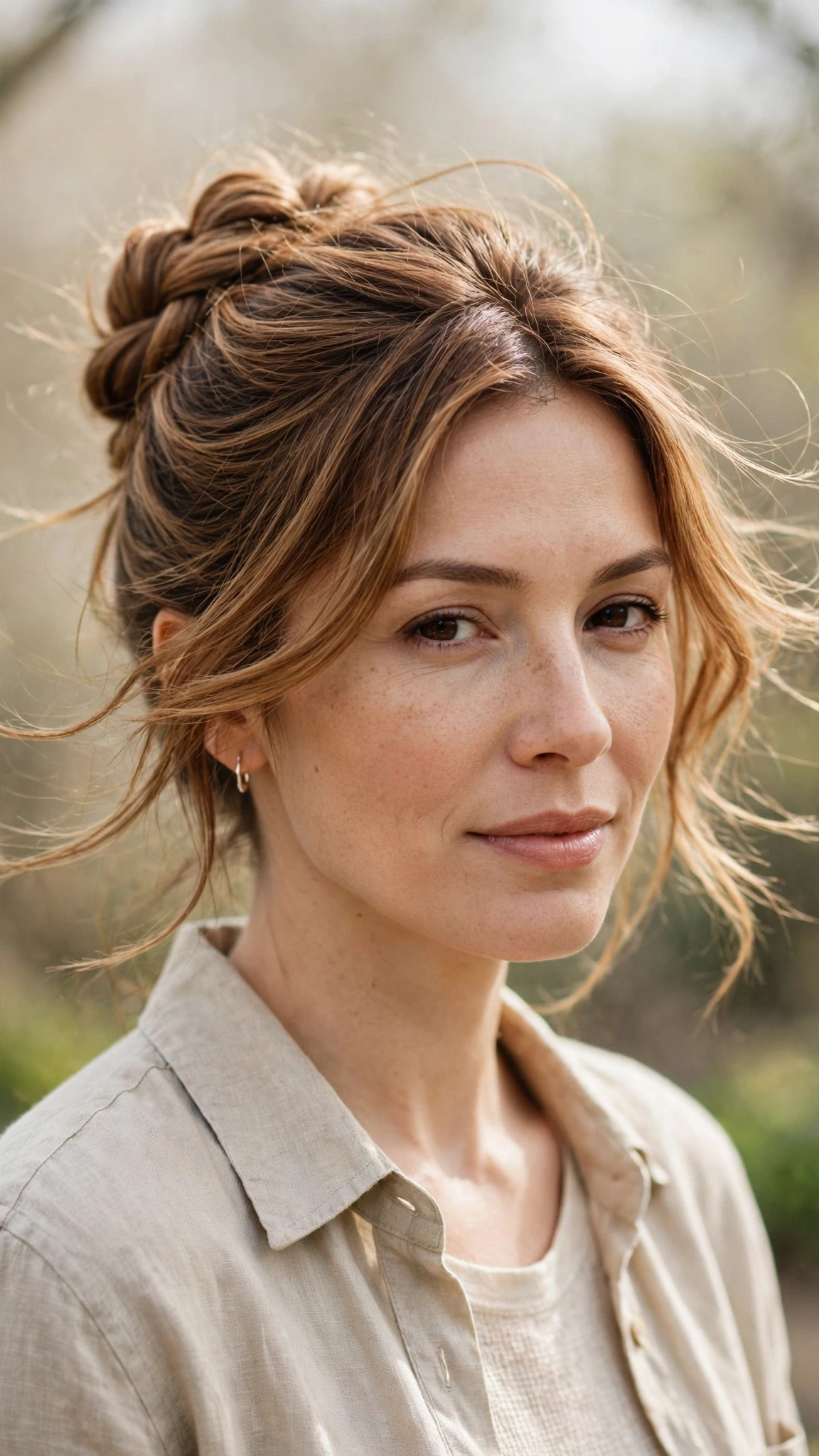 Spring Bun Hairstyles With A Braided Bun For Outdoor Events With Delicate Natural Movement, Subtle Internal Layers And Warm Caramel Tones