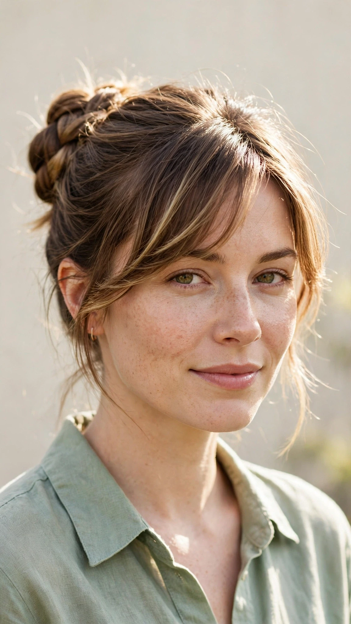 Spring Bun Hairstyles With A Braided Bun For Outdoor Events With Gentle Tousled Texture, A Soft Side-Swept Fringe And Sunlit Dimension