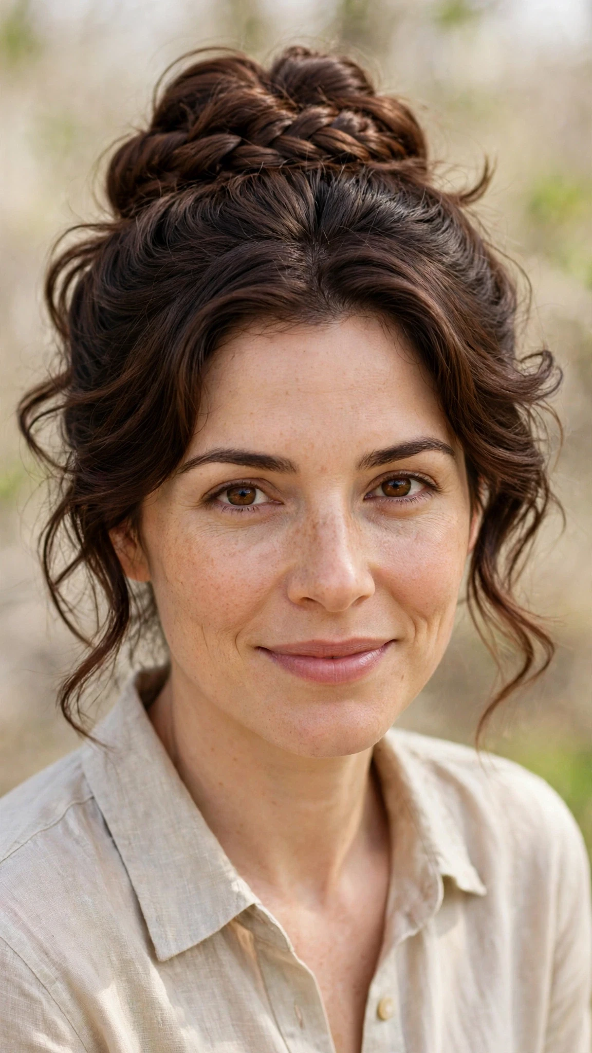 Spring Bun Hairstyles With A Braided Bun For Outdoor Events With Bouncy Volume At The Roots, Feathered Ends And Rich Chocolate Depth