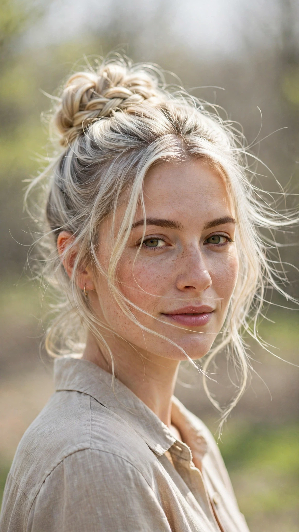 Spring Bun Hairstyles With A Braided Bun For Outdoor Events With Delicate Natural Movement, Wispy Pieces Around The Face And Silver-Blended Brightness