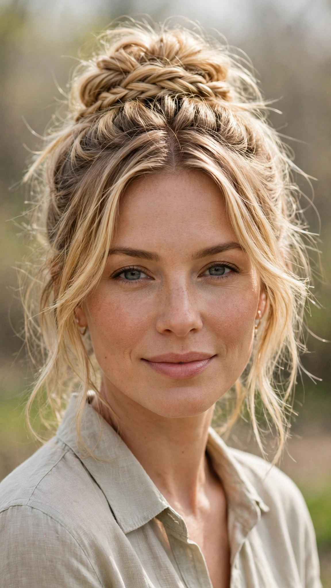 Spring Bun Hairstyles With A Braided Bun For Outdoor Events With Gentle Tousled Texture, Face-Framing Layers And Honey Blonde Shine