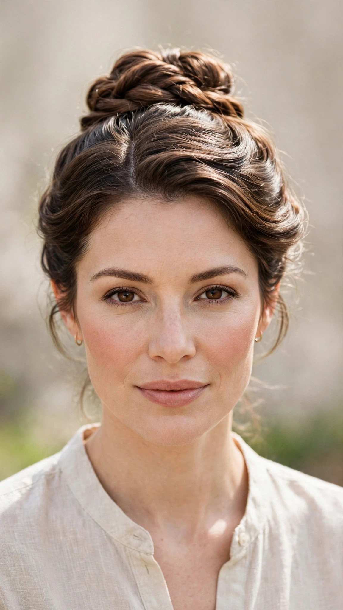 Spring Bun Hairstyles With A Braided Bun For Outdoor Events With Bouncy Volume At The Roots, A Deep Side Part And A Glossy Shine Finish