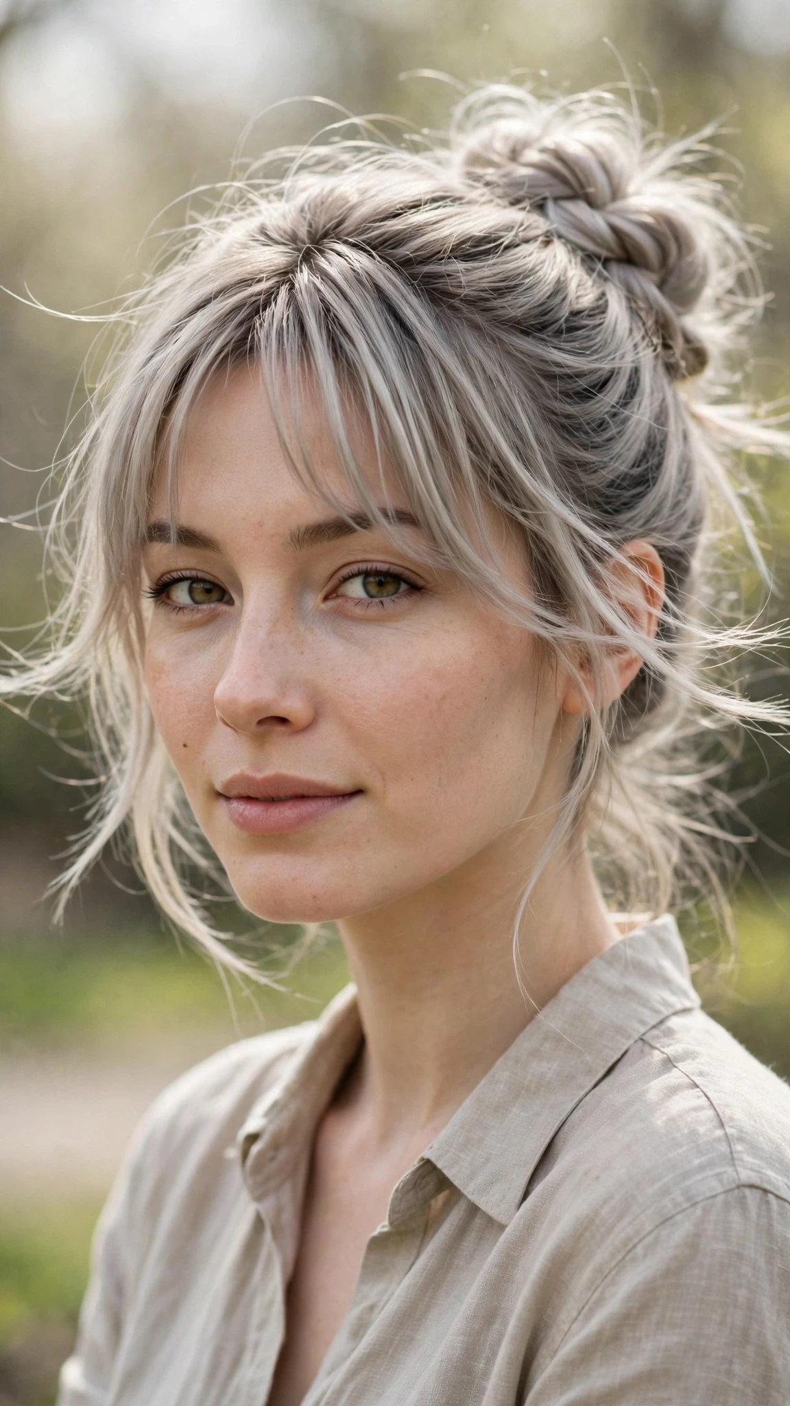 Spring Bun Hairstyles With A Braided Bun For Outdoor Events With Delicate Natural Movement, Curtain Pieces And Cool Ash Softness