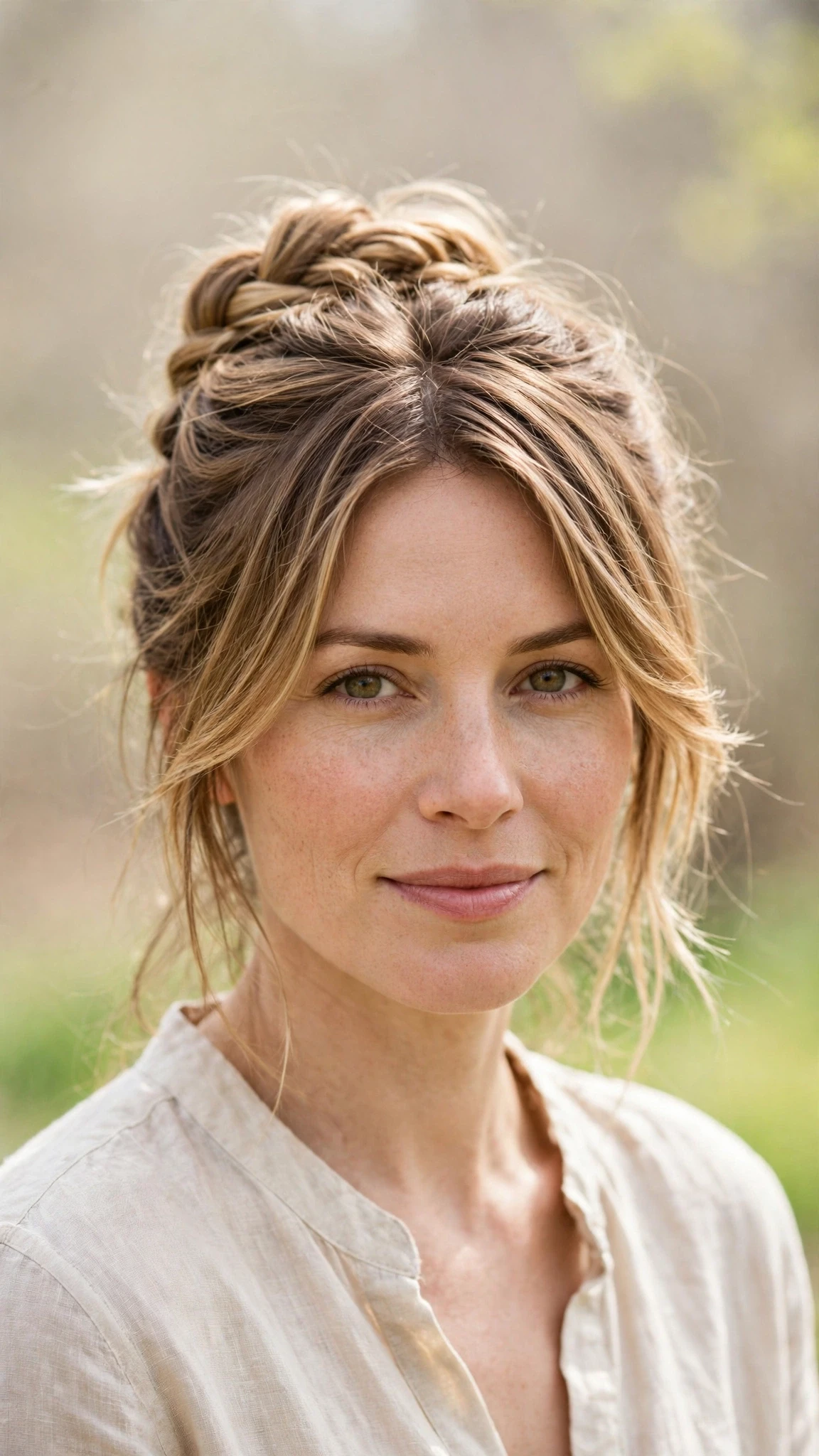 Spring Bun Hairstyles With A Braided Bun For Outdoor Events With Gentle Tousled Texture, Graduated Layers And Soft Golden Pieces