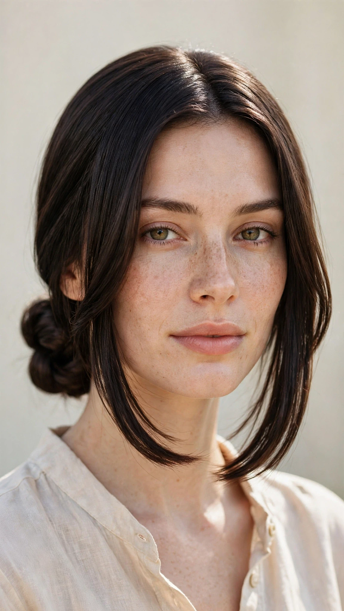 Spring Bun Hairstyles With A Low Coiled Bun At The Nape With A Sleek Straight Finish, Blunt Ends With Soft Layers And A Glossy Shine Finish