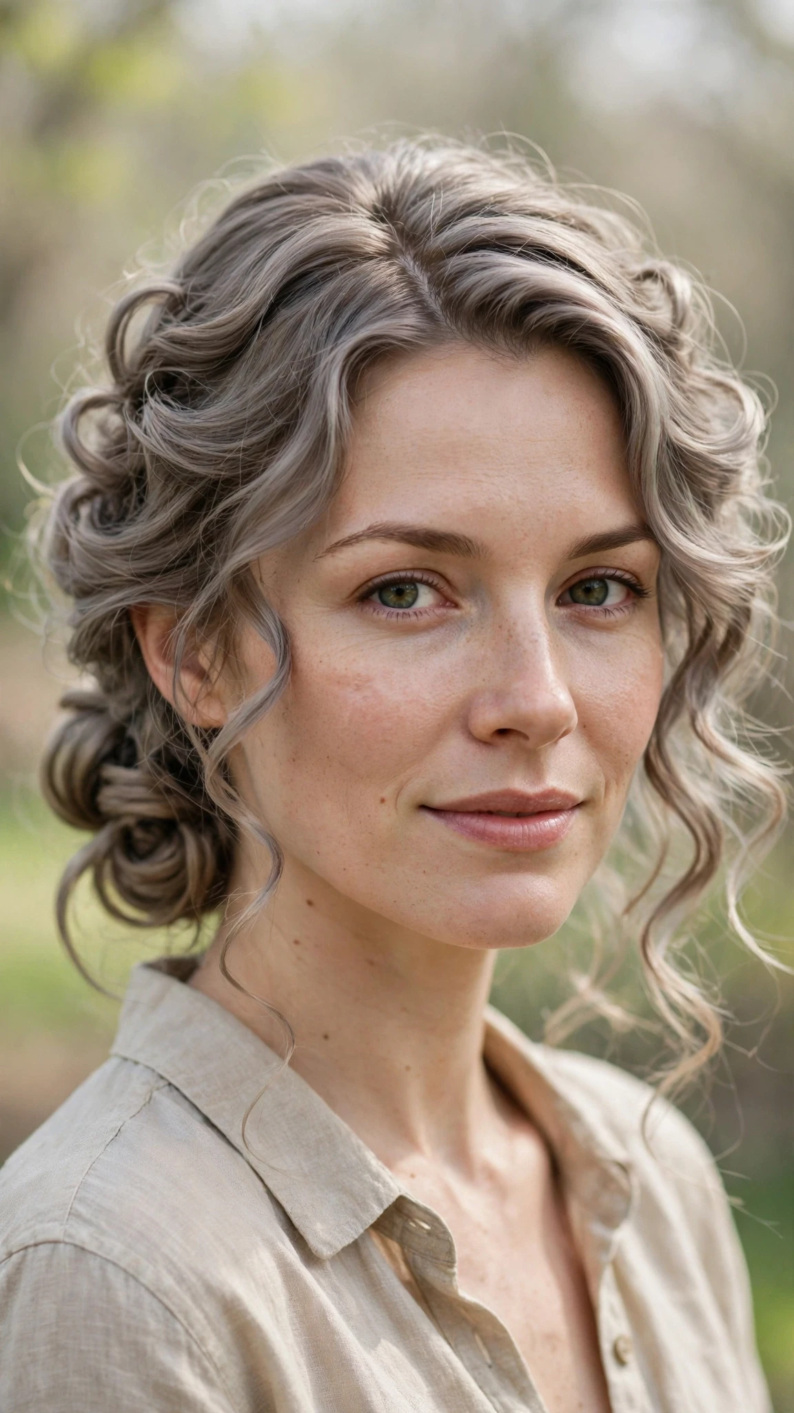 Spring Bun Hairstyles With A Low Coiled Bun At The Nape With Loose Romantic Curls, A Deep Side Part And Cool Ash Softness