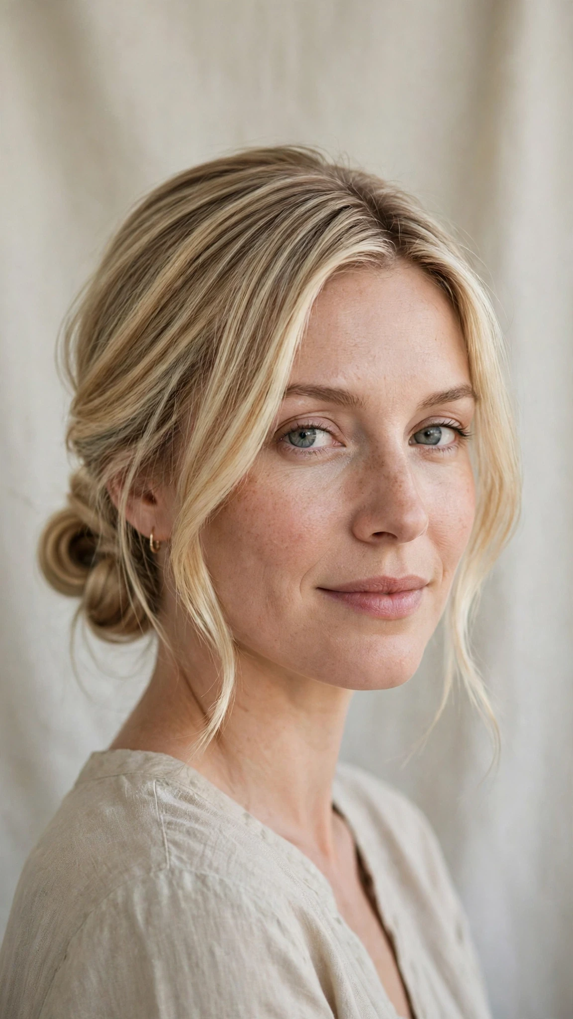 Spring Bun Hairstyles With A Low Coiled Bun At The Nape With Silky Smooth Strands, Graduated Layers And Delicate Blonde Dimension