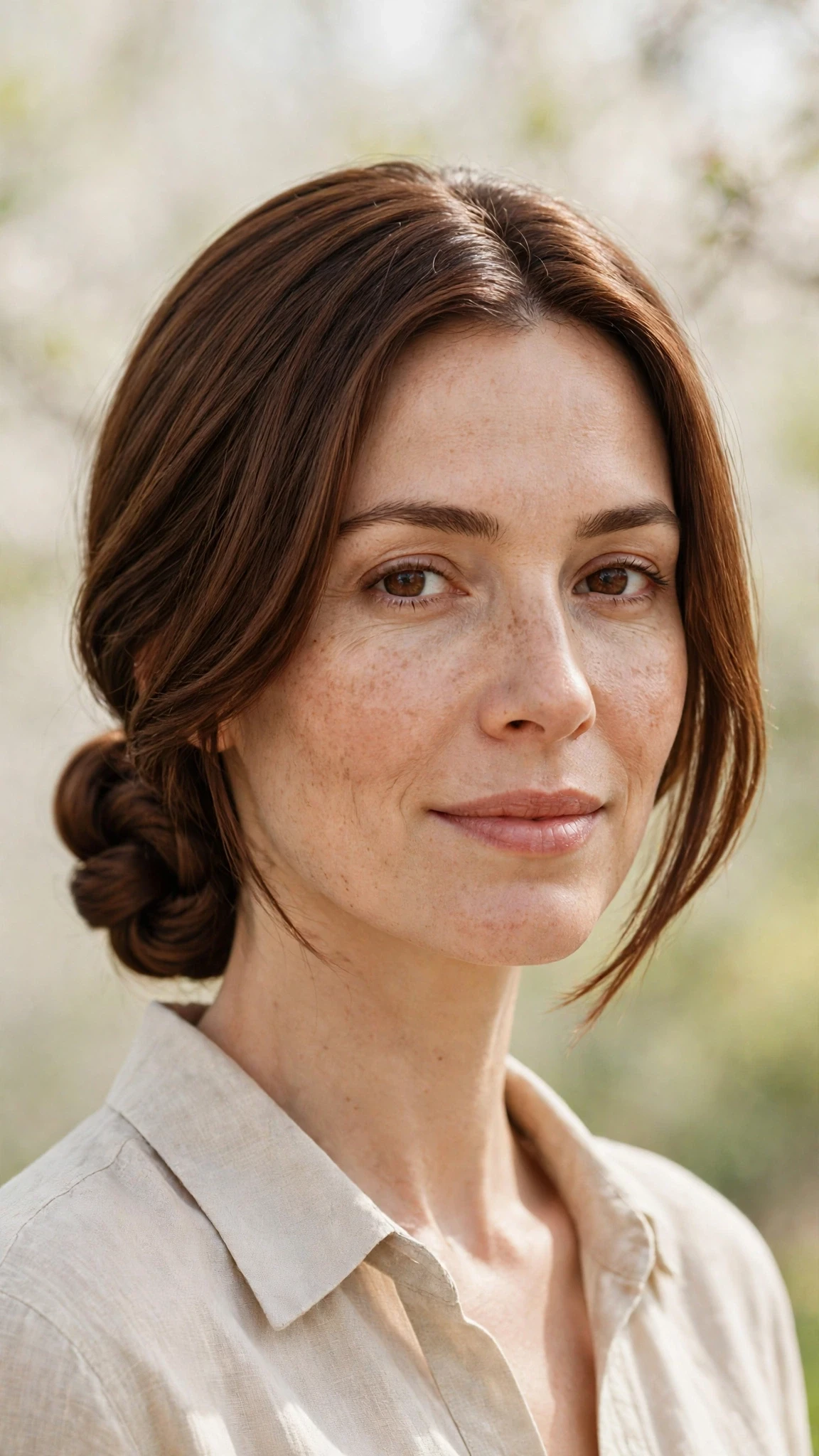 Spring Bun Hairstyles With A Low Coiled Bun At The Nape With A Sleek Straight Finish, Long Soft Layers And Warm Chestnut Warmth