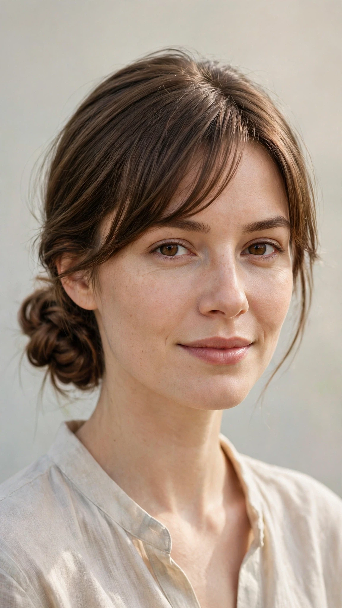 Spring Bun Hairstyles With A Low Coiled Bun At The Nape With Silky Smooth Strands, A Soft Side-Swept Fringe And Natural Brunette Depth