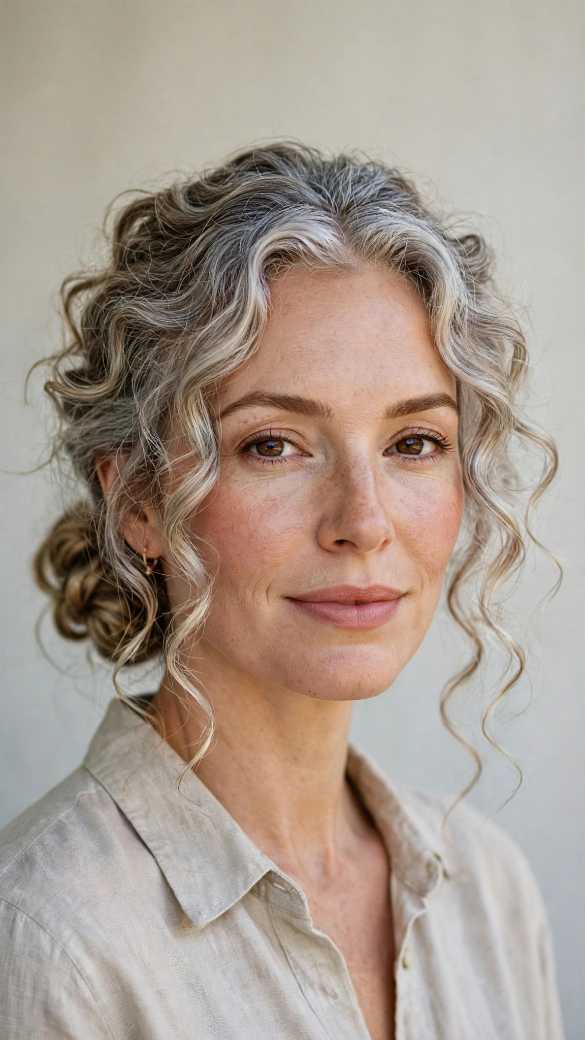 Spring Bun Hairstyles With A Low Coiled Bun At The Nape With Loose Romantic Curls, Feathered Ends And Silver-Blended Brightness