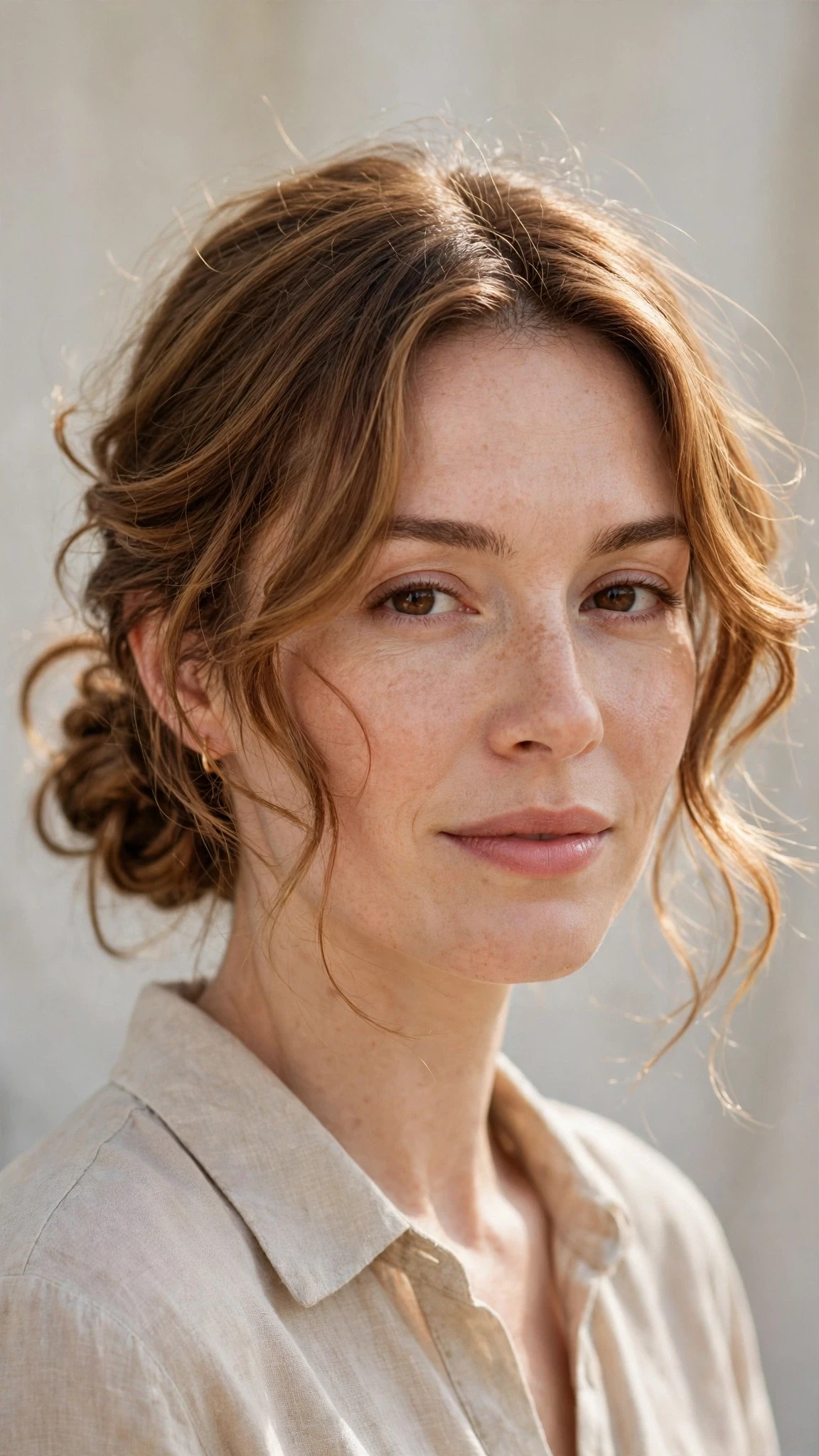 Spring Bun Hairstyles With A Low Coiled Bun At The Nape With Soft Bends And Flicked Ends, Wispy Pieces Around The Face And Warm Caramel Tones