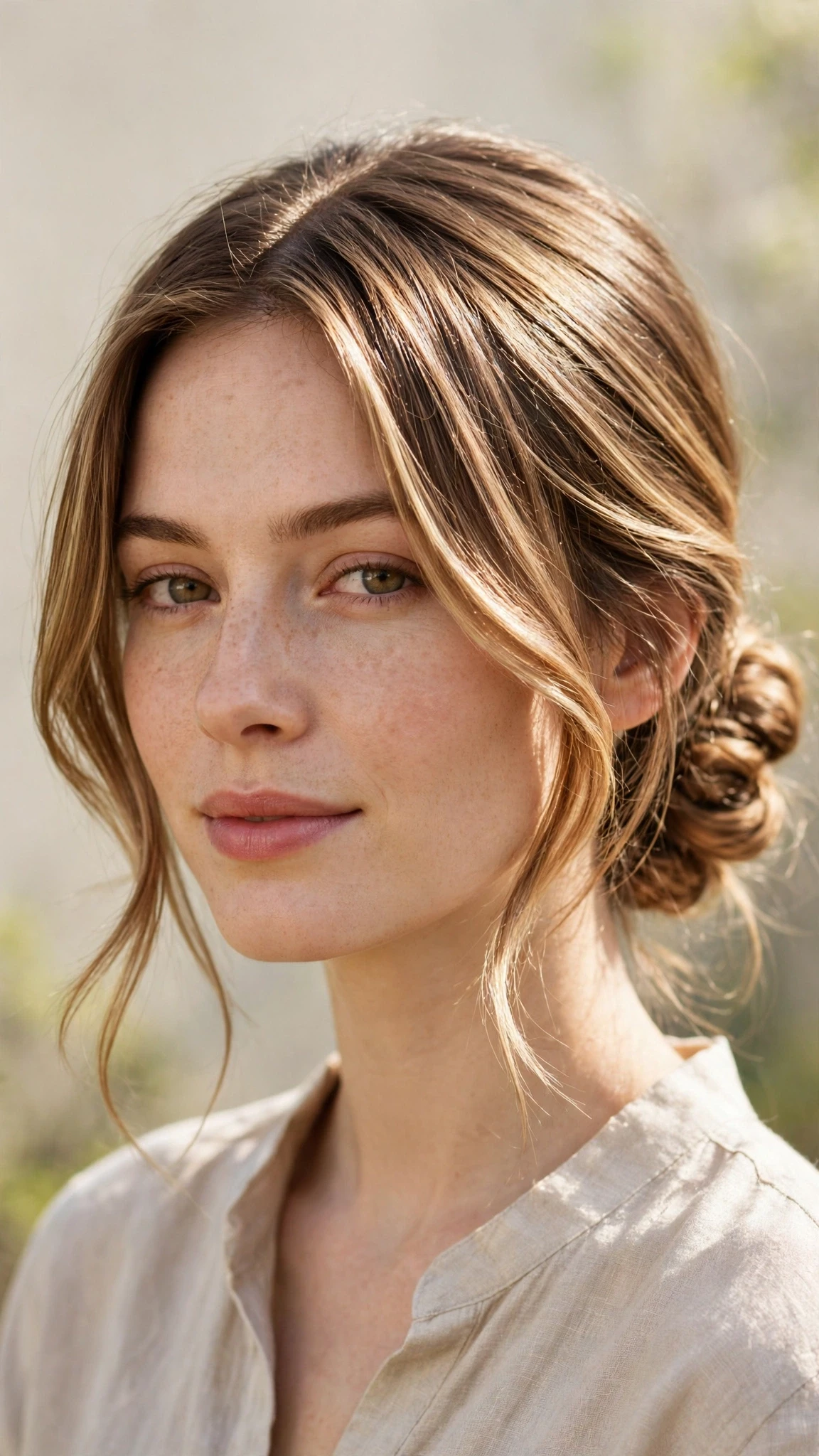 Spring Bun Hairstyles With A Low Coiled Bun At The Nape With Silky Smooth Strands, Face-Framing Layers And Sunlit Dimension