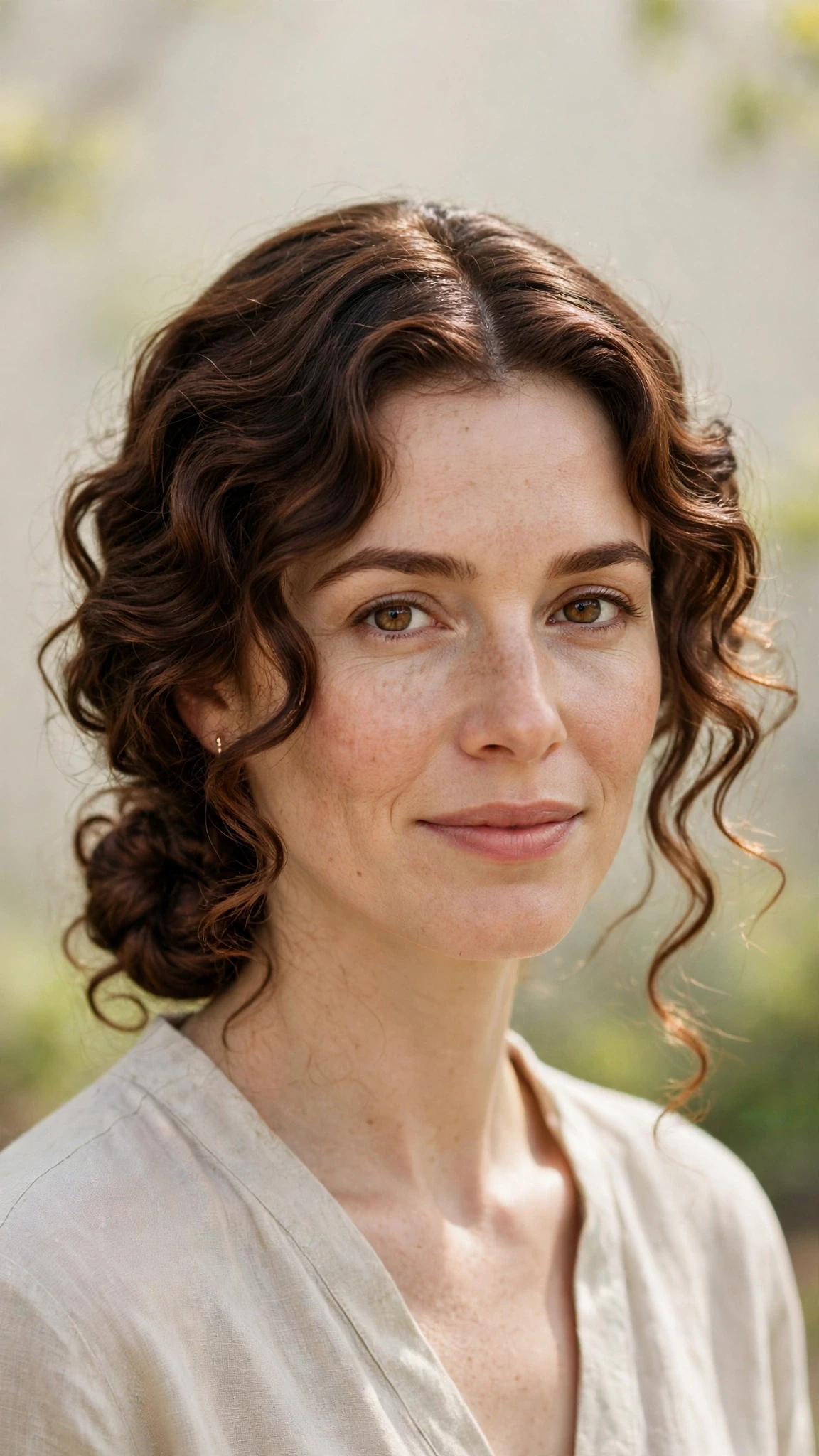 Spring Bun Hairstyles With A Low Coiled Bun At The Nape With Loose Romantic Curls, A Deep Side Part And Rich Chocolate Depth