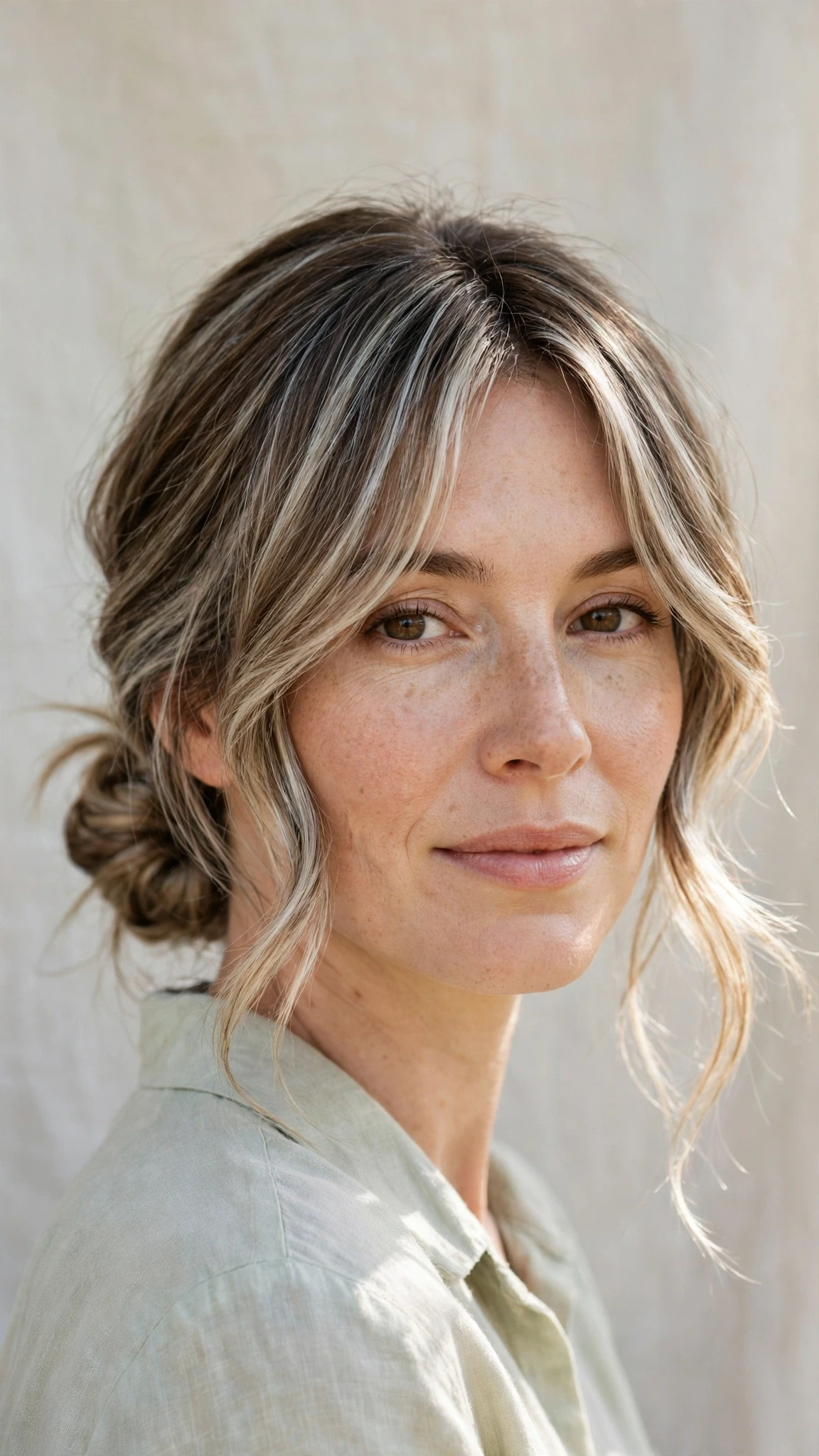 Spring Bun Hairstyles With A Low Coiled Bun At The Nape With Soft Bends And Flicked Ends, Curtain Pieces And Silver-Blended Brightness