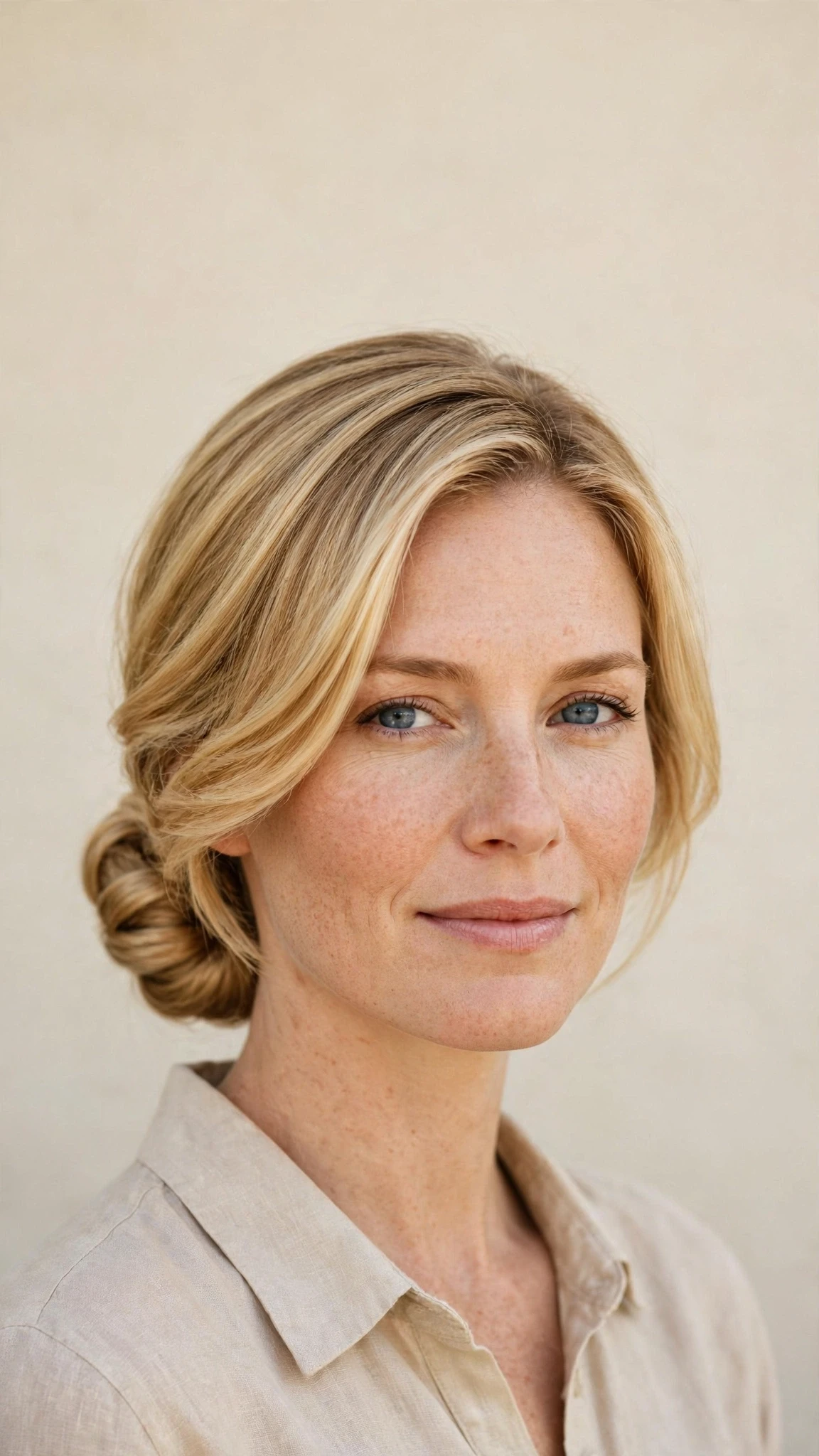 Spring Bun Hairstyles With A Low Coiled Bun At The Nape With Silky Smooth Strands, Graduated Layers And Honey Blonde Shine