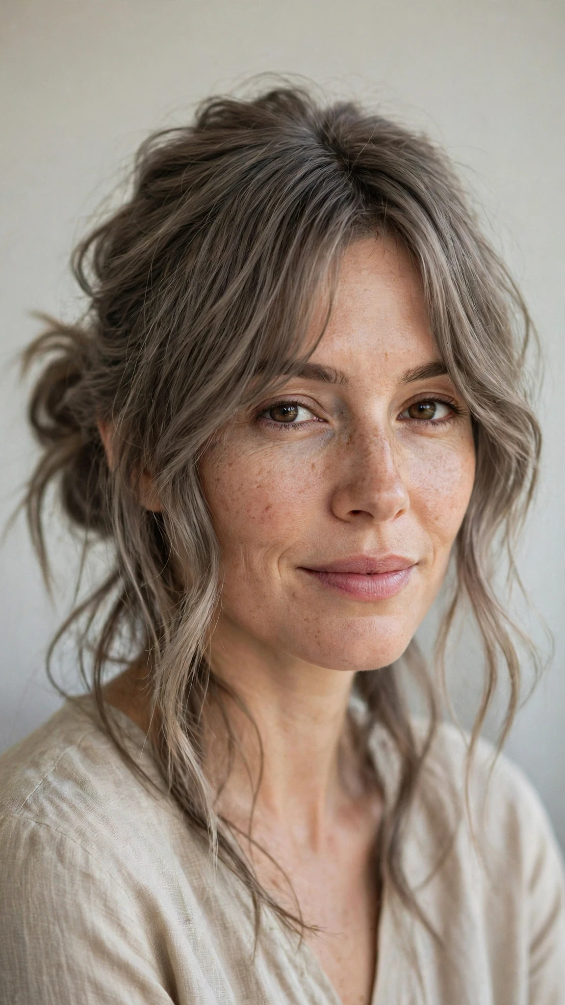 Spring Bun Hairstyles With A Messy Low Bun And Loose Strands With A Relaxed Lived-In Wave, Curtain Pieces And Cool Ash Softness