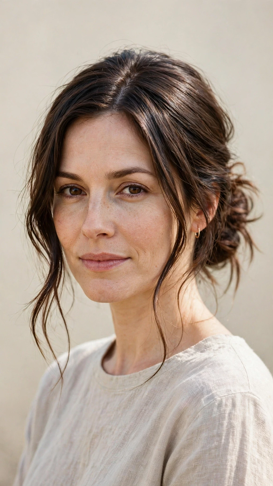 Spring Bun Hairstyles With A Messy Low Bun And Loose Strands With Smooth Glossy Lengths, A Deep Side Part And Natural Brunette Depth