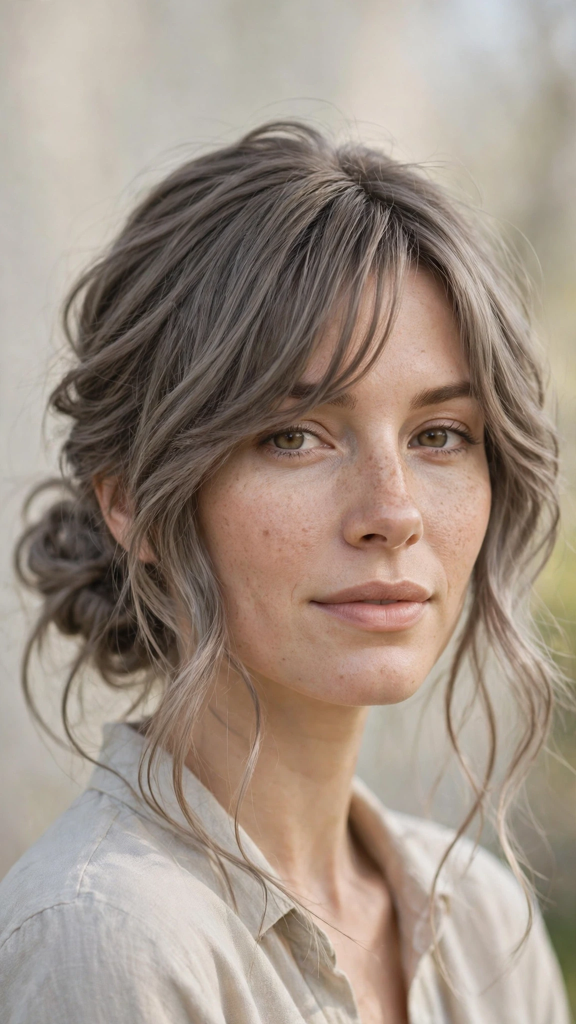 Spring Bun Hairstyles With A Messy Low Bun And Loose Strands With Soft Waves, A Soft Side-Swept Fringe And Cool Ash Softness