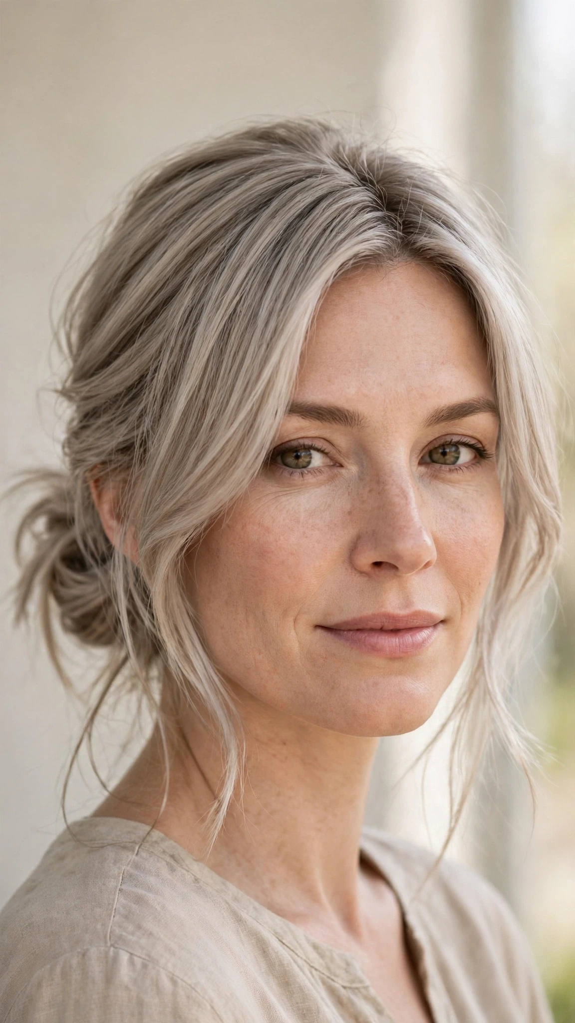 Spring Bun Hairstyles With A Messy Low Bun And Loose Strands With A Polished Blowout, Blunt Ends With Soft Layers And Cool Ash Softness
