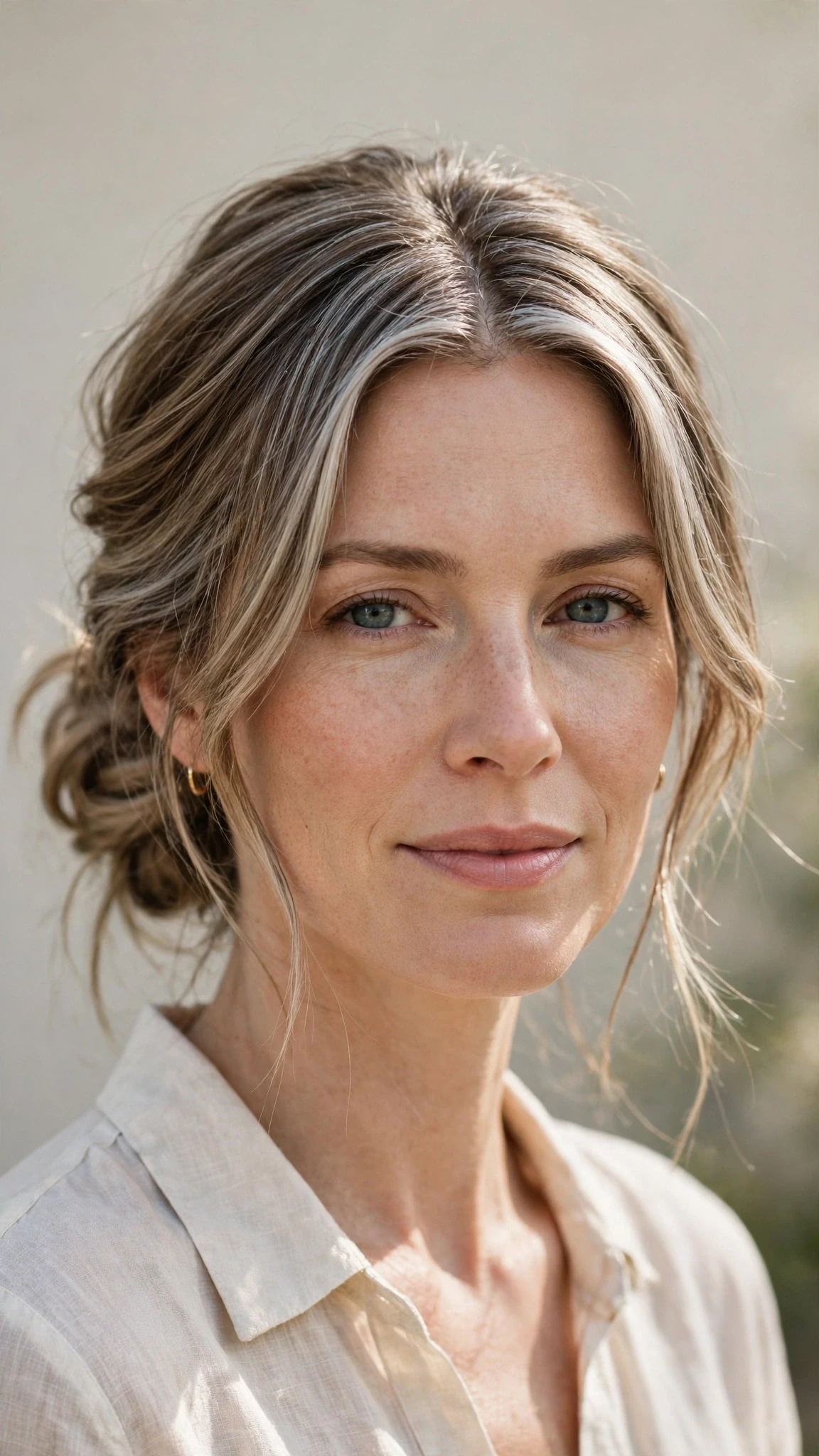 Spring Bun Hairstyles With A Messy Low Bun And Loose Strands With A Polished Blowout, A Centre Part With Soft Layers And Silver-Blended Brightness