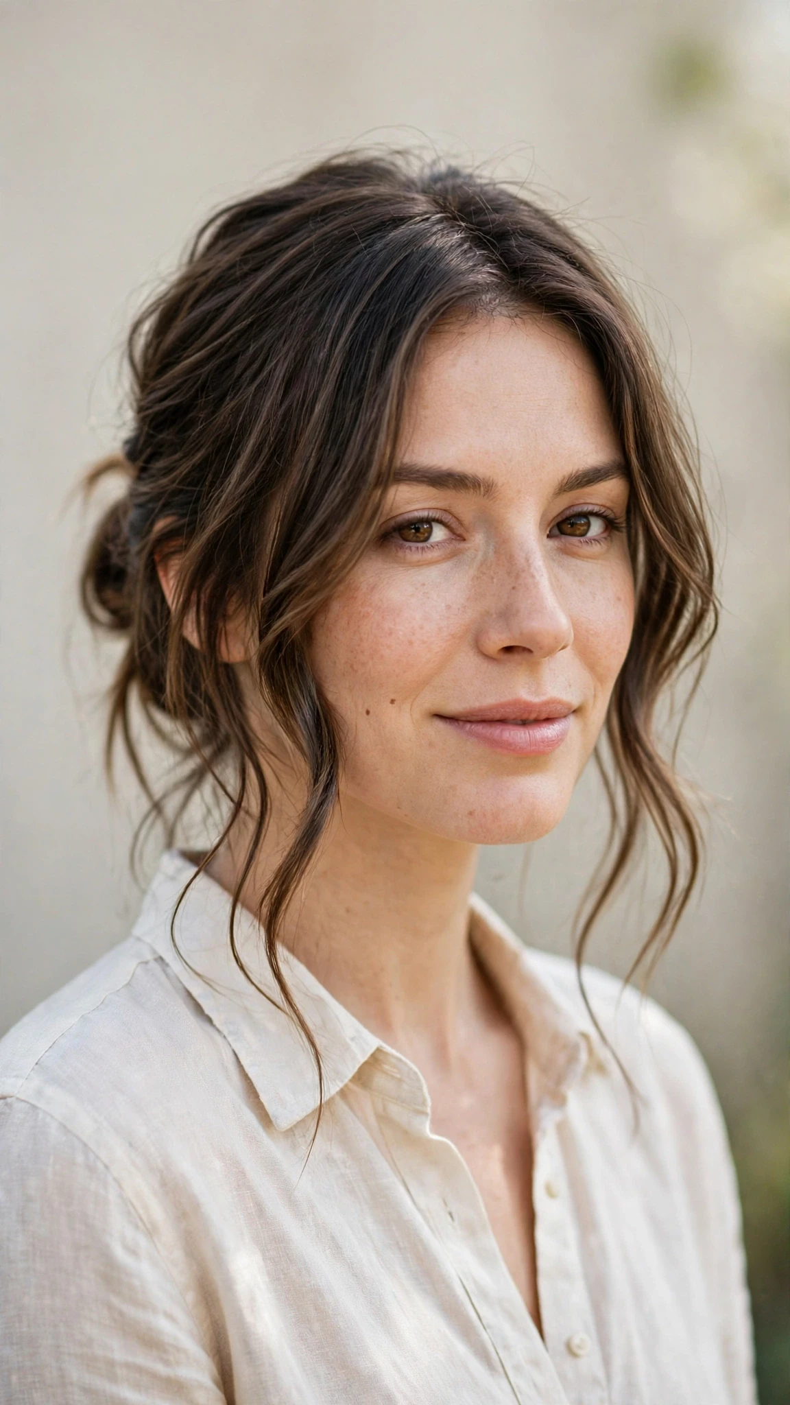 Spring Bun Hairstyles With A Messy Low Bun And Loose Strands With Soft Waves, Face-Framing Layers And Natural Brunette Depth