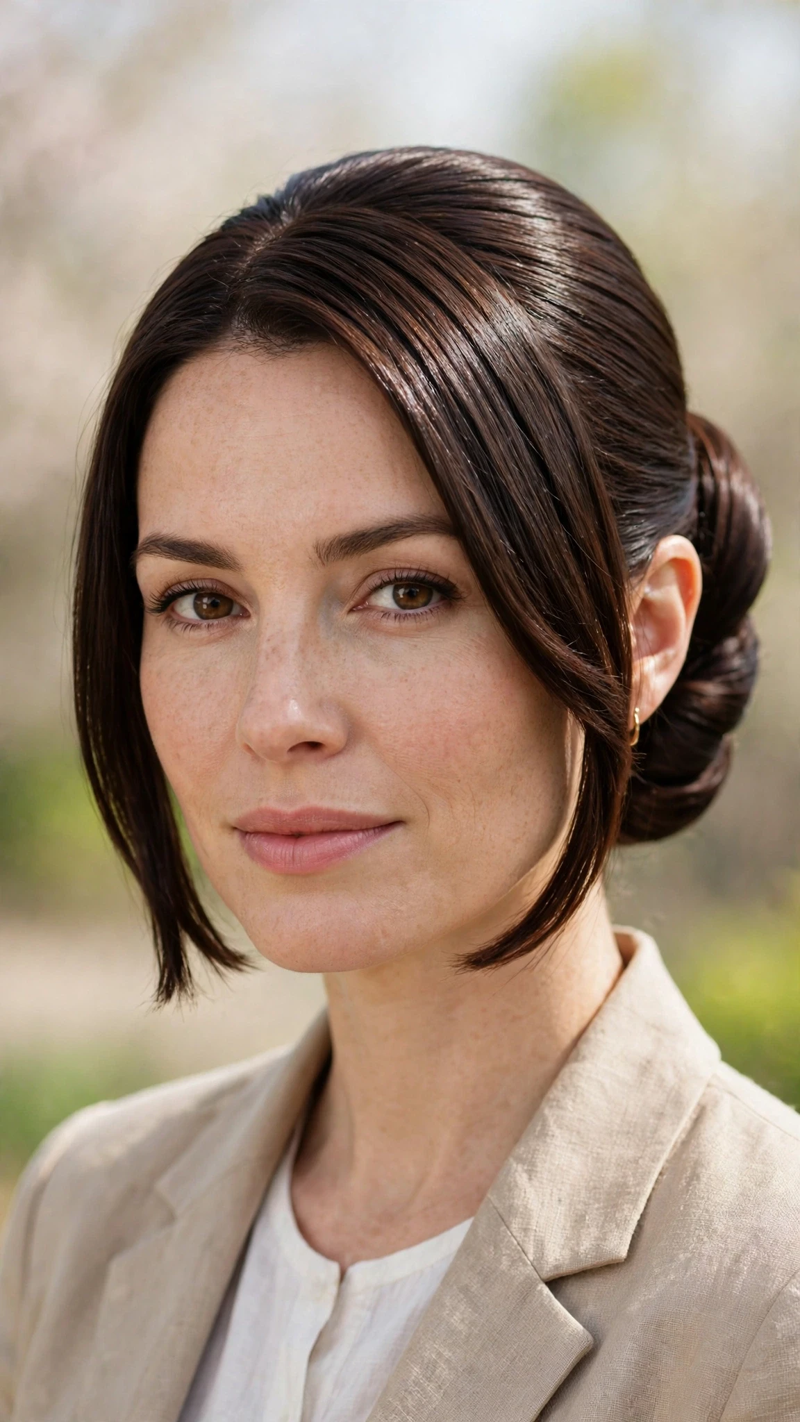 Spring Bun Hairstyles With A Sleek Wrapped Bun For Work With A Sleek Straight Finish, Blunt Ends With Soft Layers And A Glossy Shine Finish