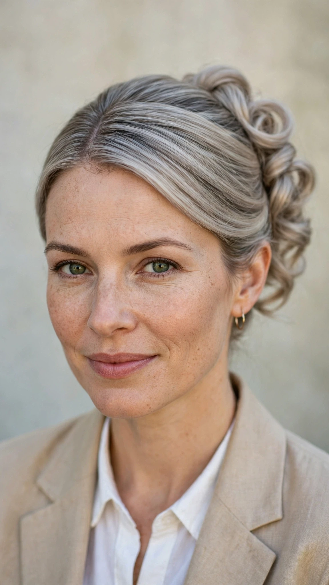 Spring Bun Hairstyles With A Sleek Wrapped Bun For Work With Loose Romantic Curls, A Deep Side Part And Cool Ash Softness
